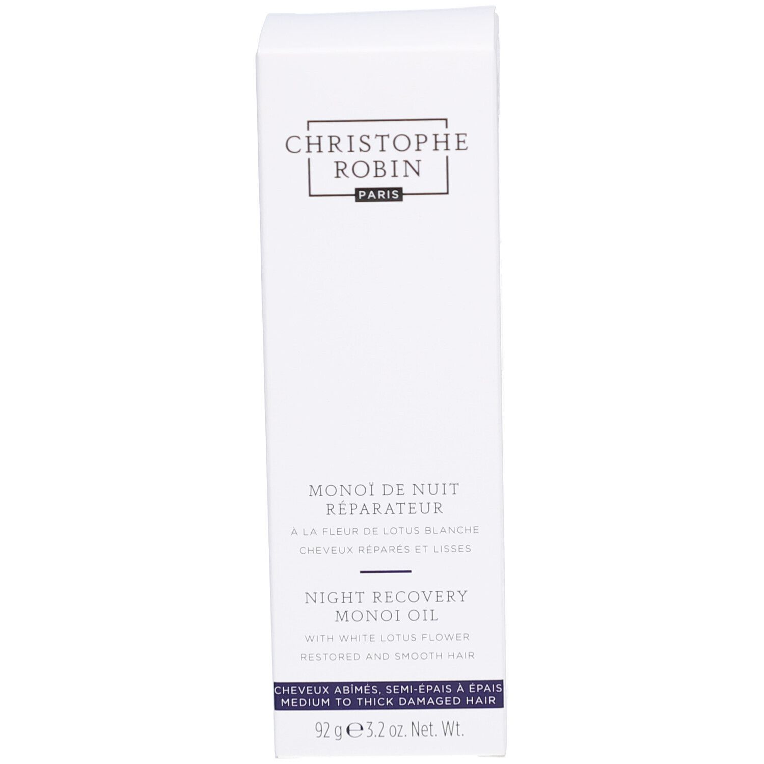 Weiße Verpackung. Aufschrift: CHRISTOPHE ROBIN PARIS. Text: MONOI DE NUIT RÉPARATEUR, NIGHT RECOVERY MONOI OIL.