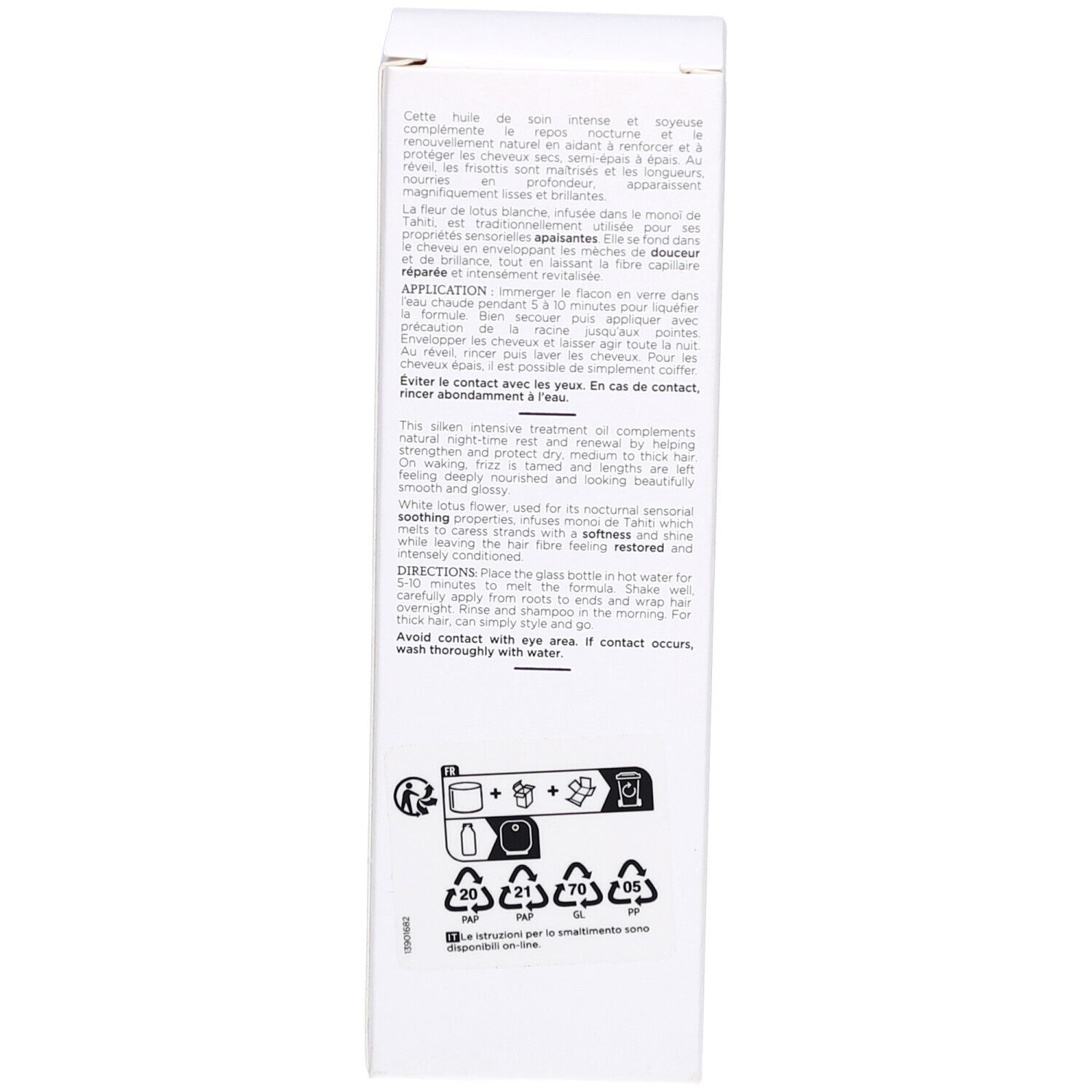 Rückseite der Verpackung. Text in mehreren Sprachen. Recycling-Symbole. Keine weiteren Merkmale.