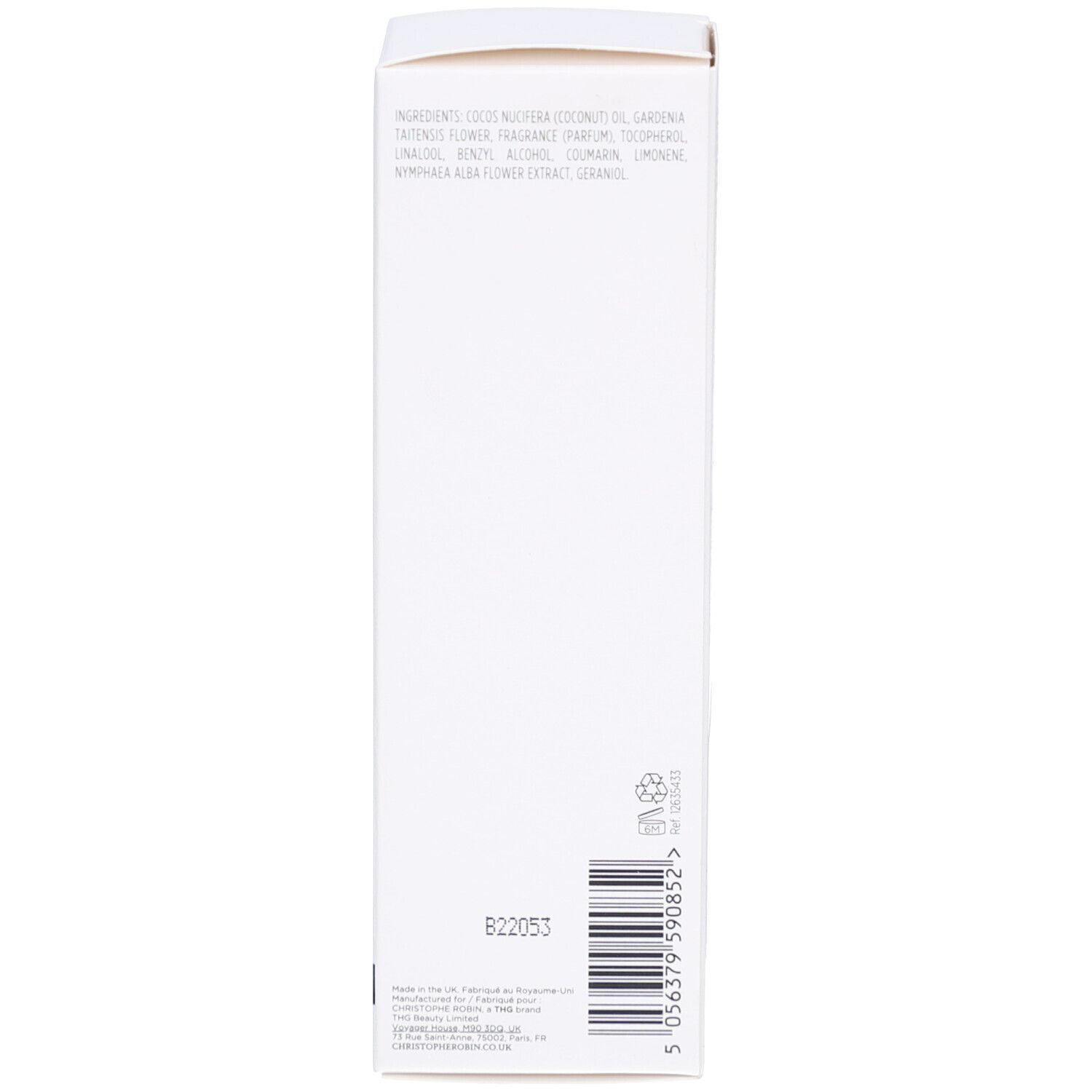 Rückseite der Verpackung. Zutatenliste. Barcode. Keine weiteren Merkmale.
