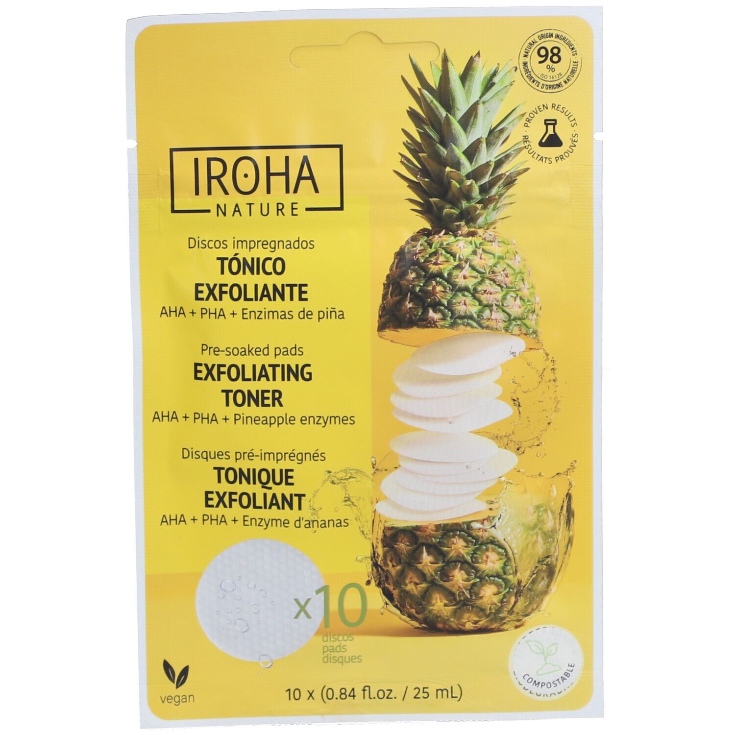 Emballage jaune avec logo de la marque et du produit. Dix tampons exfoliants pré-imprégnés ronds. Illustration d'ananas.