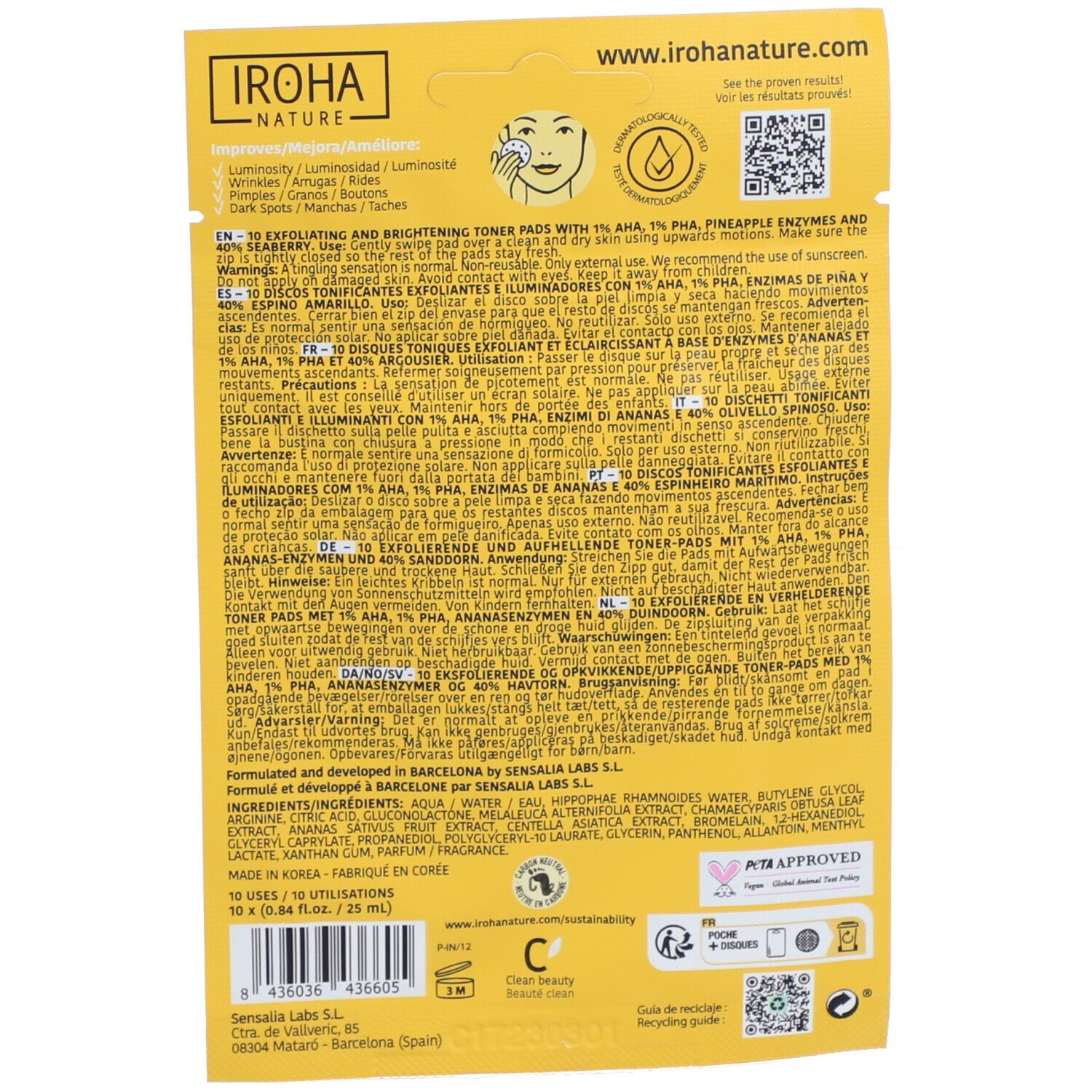 Dos de l'emballage du produit. Informations textuelles, ingrédients et code QR. Fond jaune.