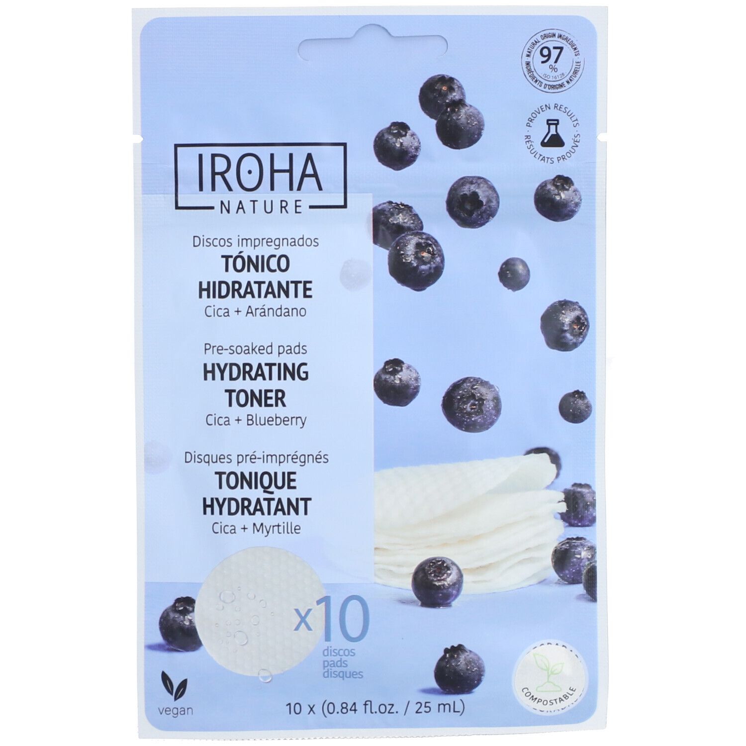 Verpackung mit 10 feuchtigkeitsspendenden Pads. Blaubeeren-Illustration. Vegan-Siegel.