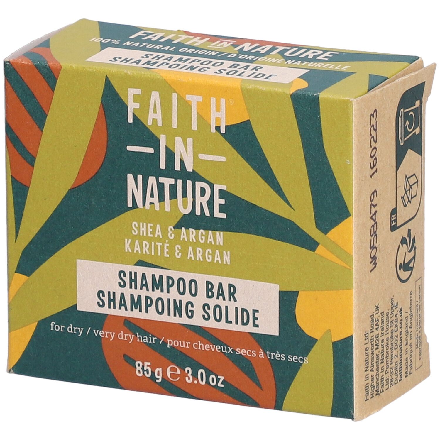 Kartonverpackung mit Produktnamen und Logo. Aufschrift: Shampoo Bar, Karité & Argan. 85g.