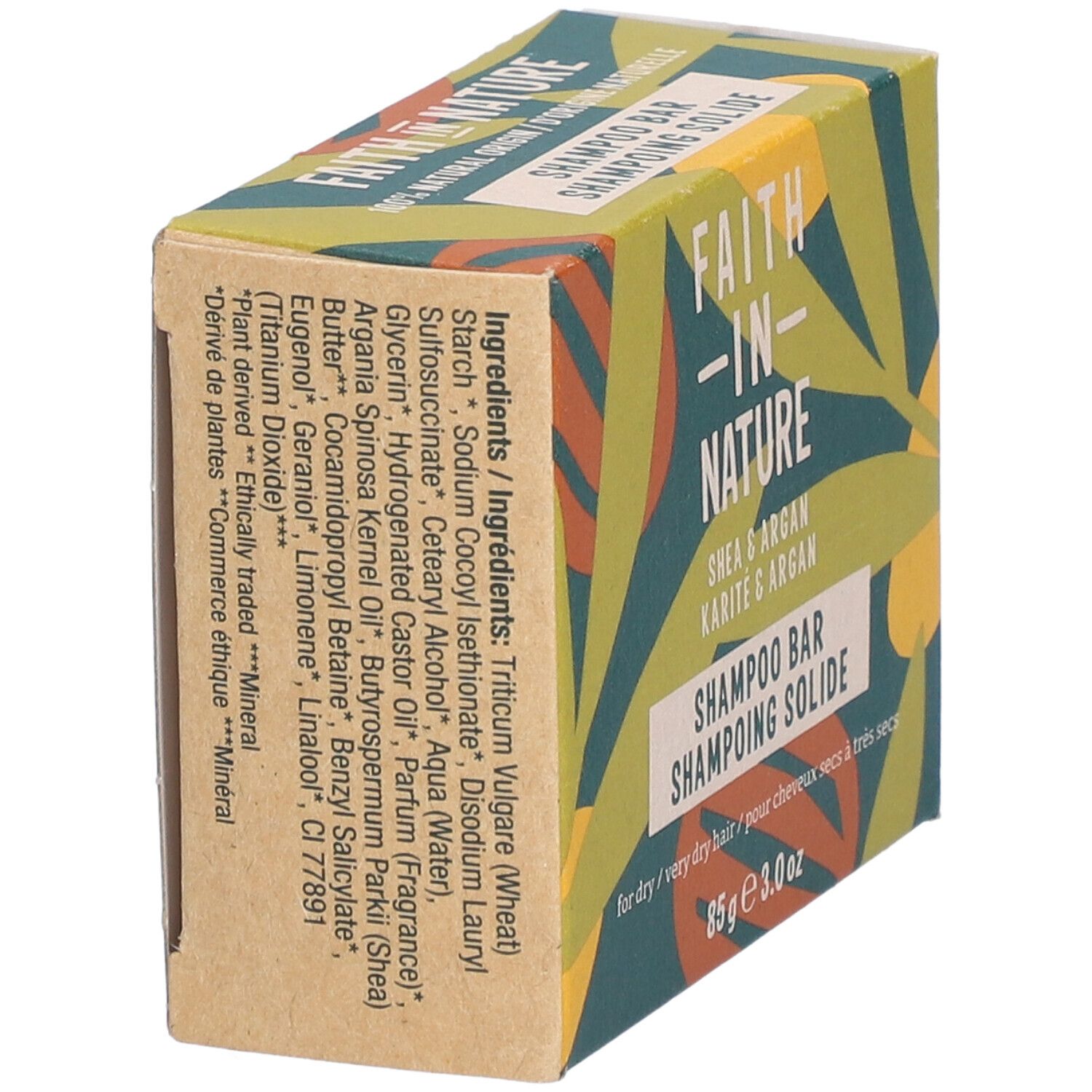 Seitenansicht der Kartonverpackung. Zutatenliste und Informationen. Aufschrift: Shea & Argan, Shampoo Bar.