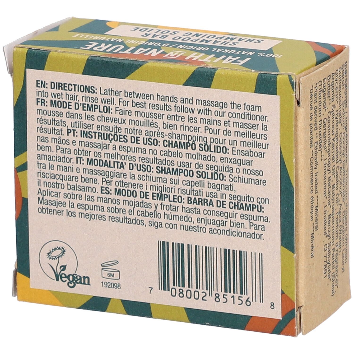 Rückseite der Kartonverpackung. Gebrauchsanweisung in mehreren Sprachen. Aufschrift: Shampoo Bar, Vegan.