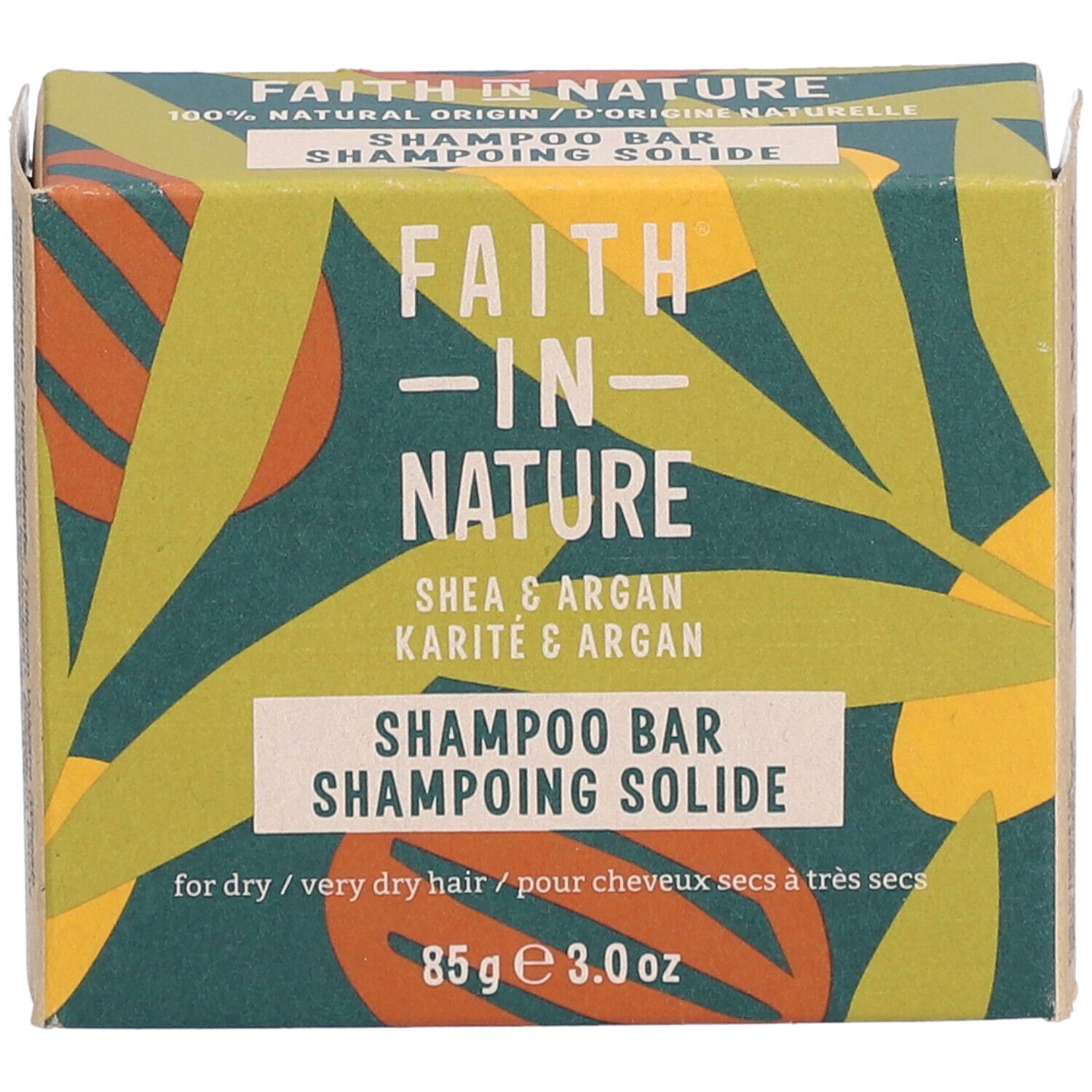 Kartonverpackung mit Produktnamen und Logo. Aufschrift: Shampoo Bar, Karité & Argan. 85g.