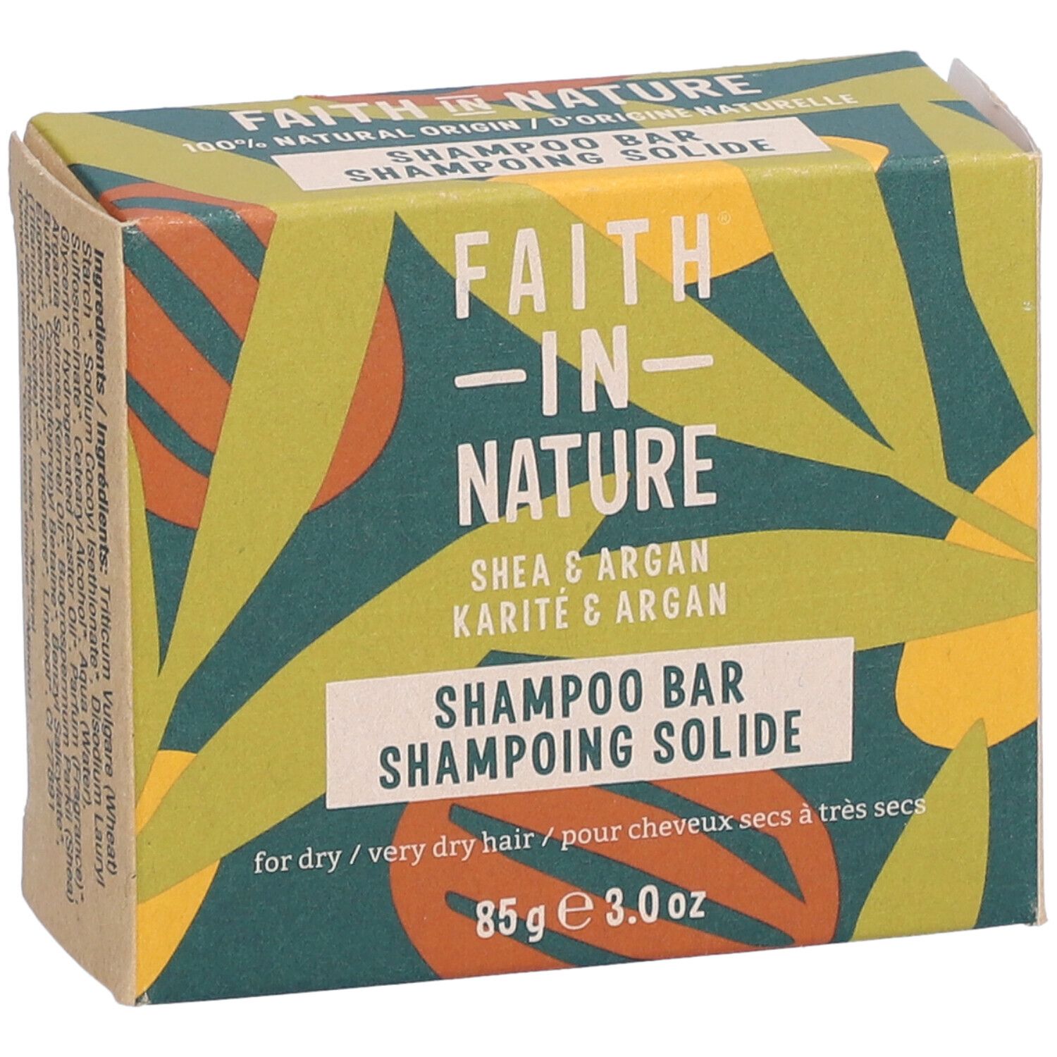 Kartonverpackung mit Produktnamen und Logo. Aufschrift: Shampoo Bar, Karité & Argan. 85g.