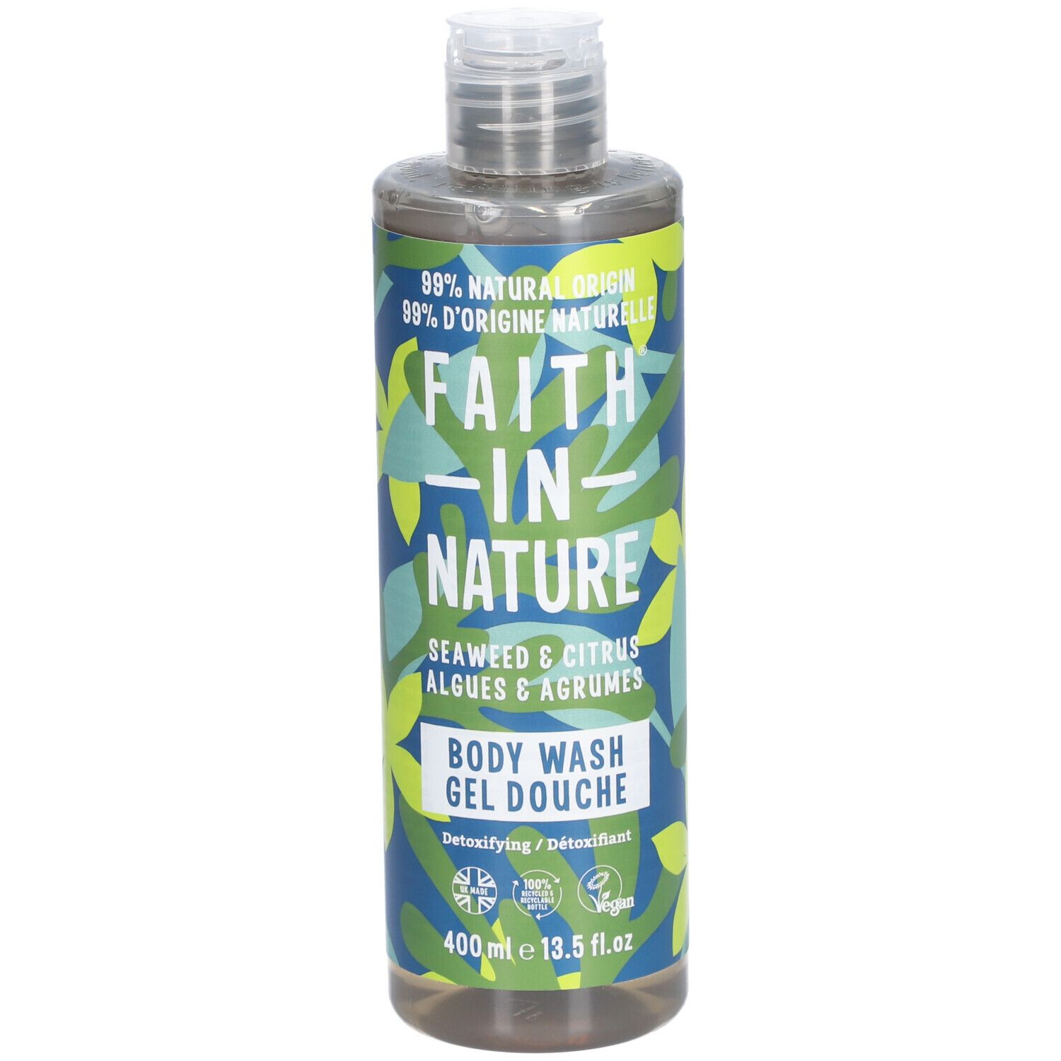 Gel douche Faith in Nature. Bouteille avec étiquette bleu-vert. Contient algues et agrumes. Vegan.