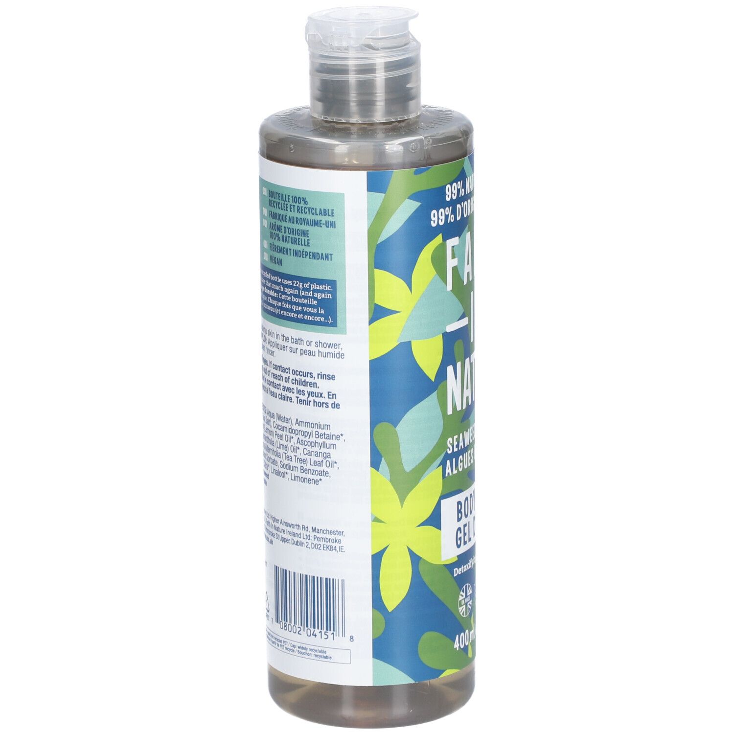 Dos de la bouteille de gel douche Faith in Nature. Contient des informations sur les ingrédients et les certifications.