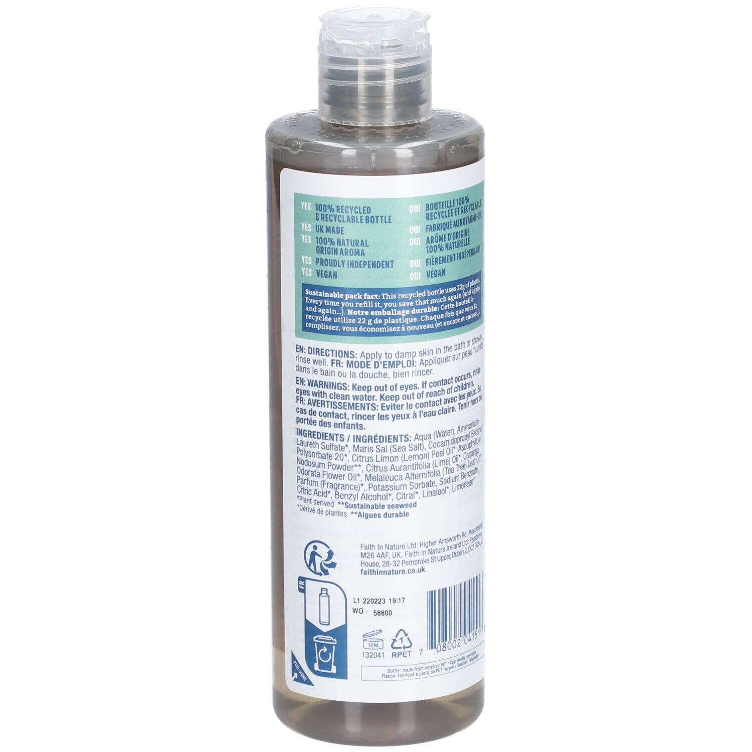 Dos de la bouteille de gel douche Faith in Nature. Contient des informations sur les ingrédients, l'utilisation et les certifications.