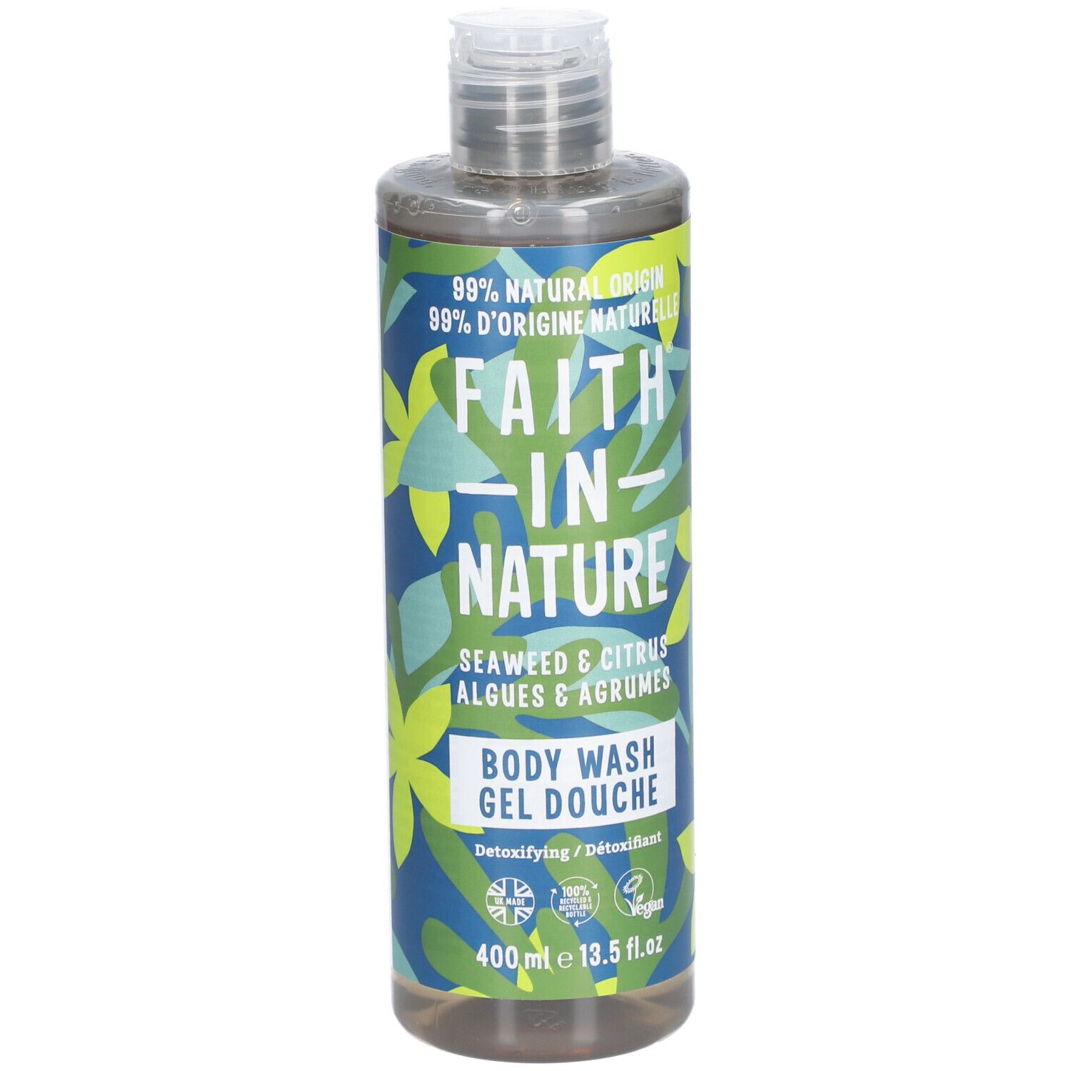 Gel douche Faith in Nature. Bouteille avec étiquette bleu-vert. Contient algues et agrumes. Vegan.