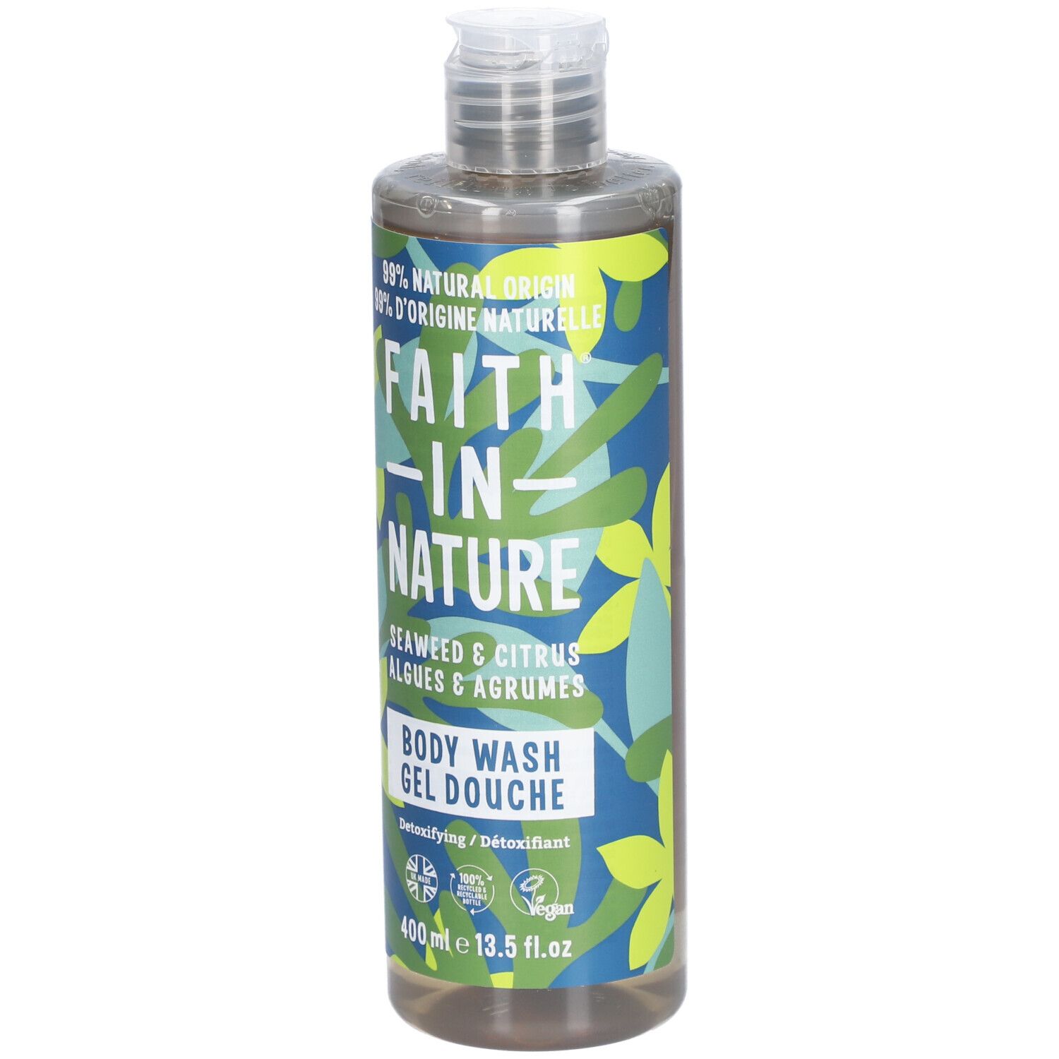 Gel douche Faith in Nature. Bouteille avec étiquette bleu-vert. Contient algues et agrumes. Vegan.