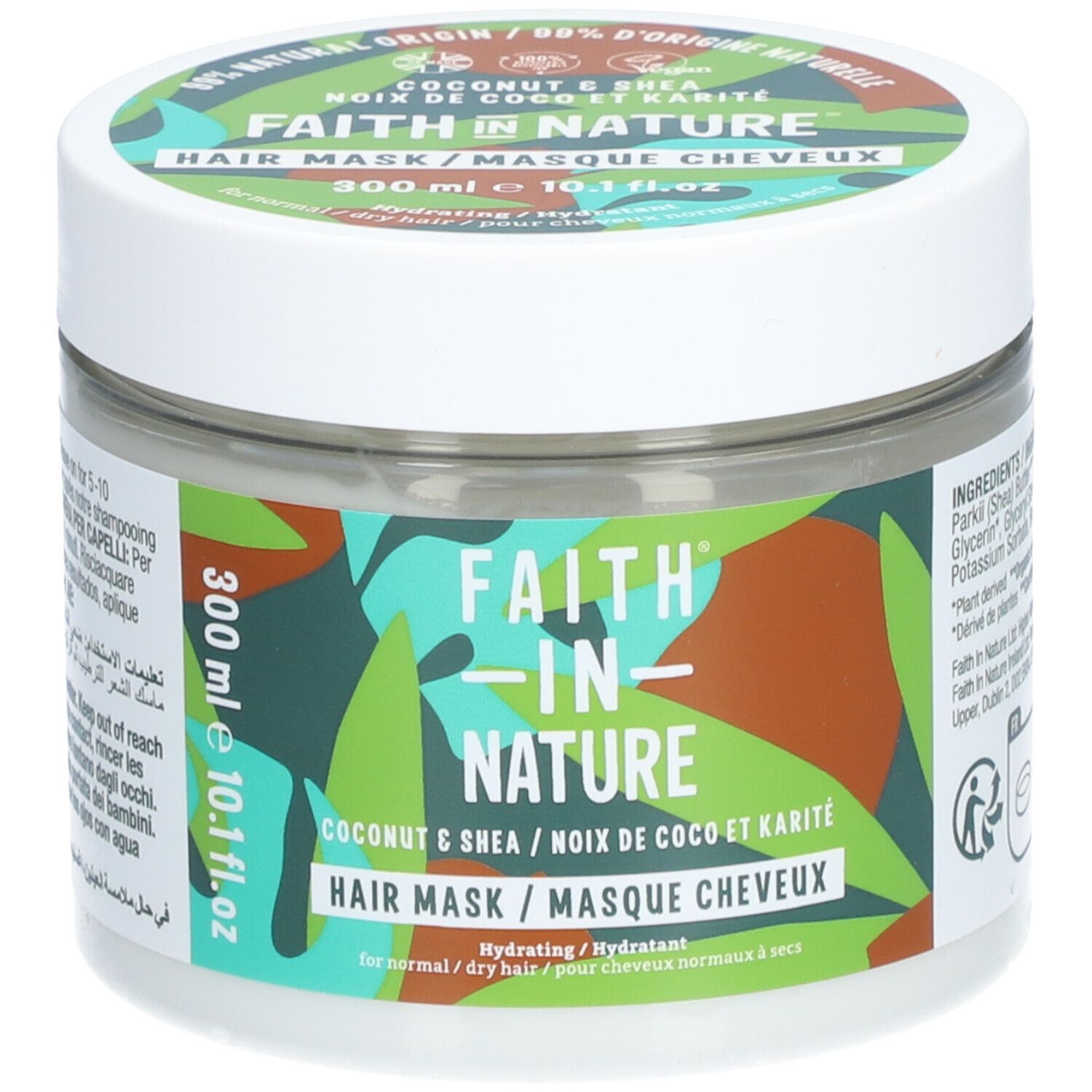 Masque capillaire Faith in Nature. Pot blanc avec étiquette verte, marron et bleue. Inscription: Coconut & Shea, 300 ml.