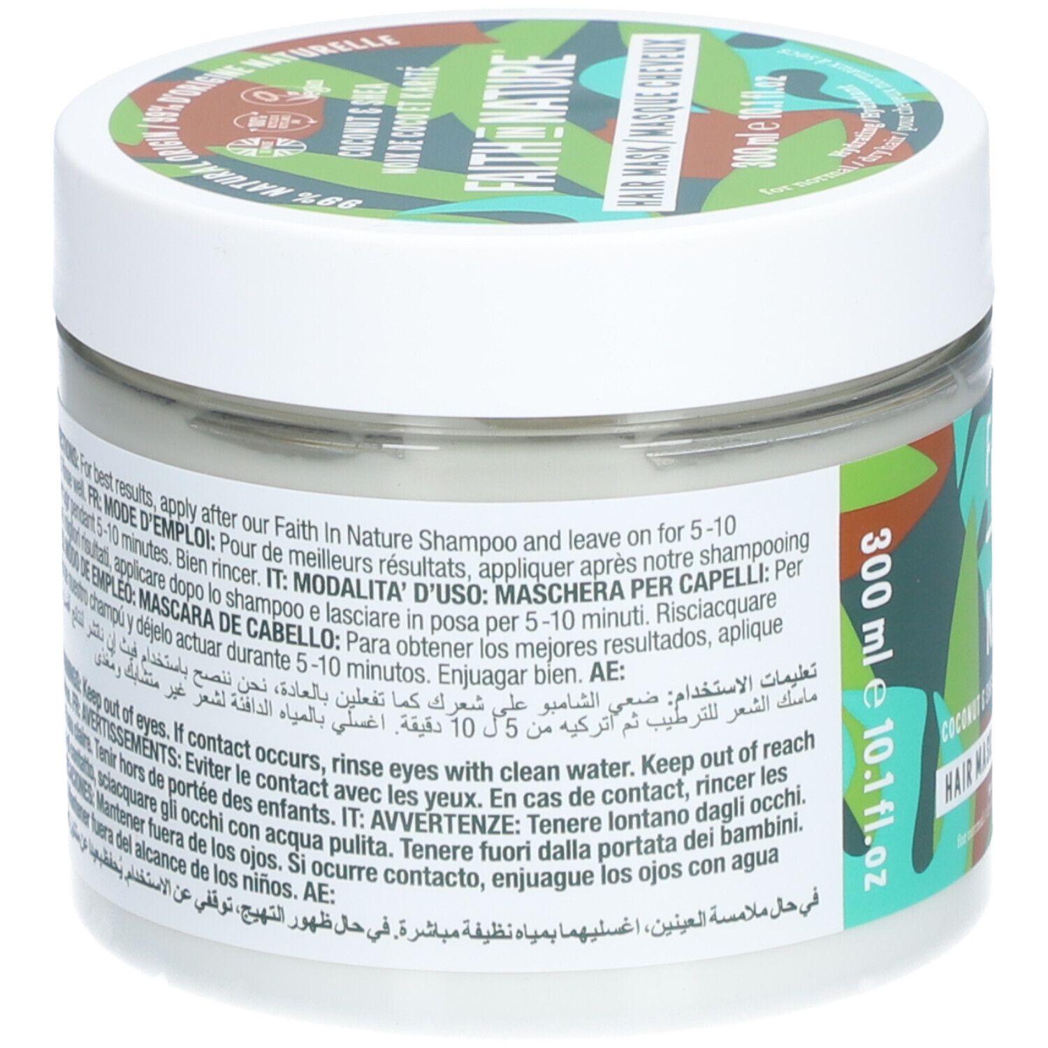 Dos du masque capillaire Faith in Nature. Pot blanc avec instructions multilingues. Inscription: 300 ml, 10.1 fl.oz.