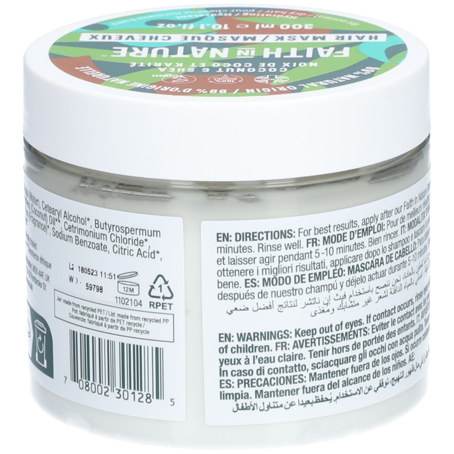 Dos du masque capillaire Faith in Nature. Pot blanc avec liste d'ingrédients et avertissements. Inscription: 300 ml, 10.1 fl.oz.