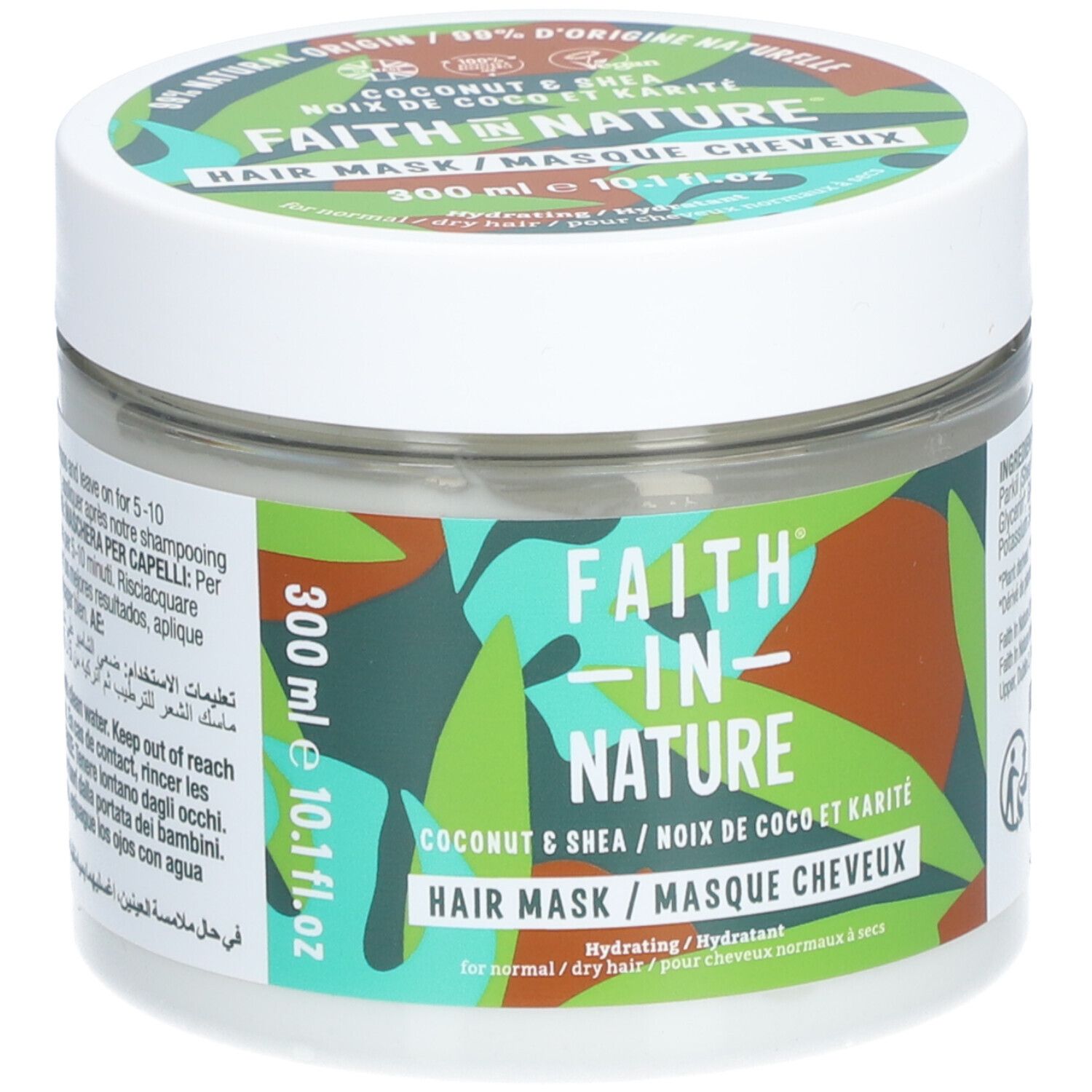 Masque capillaire Faith in Nature. Pot blanc avec étiquette verte, marron et bleue. Inscription: Coconut & Shea, 300 ml.