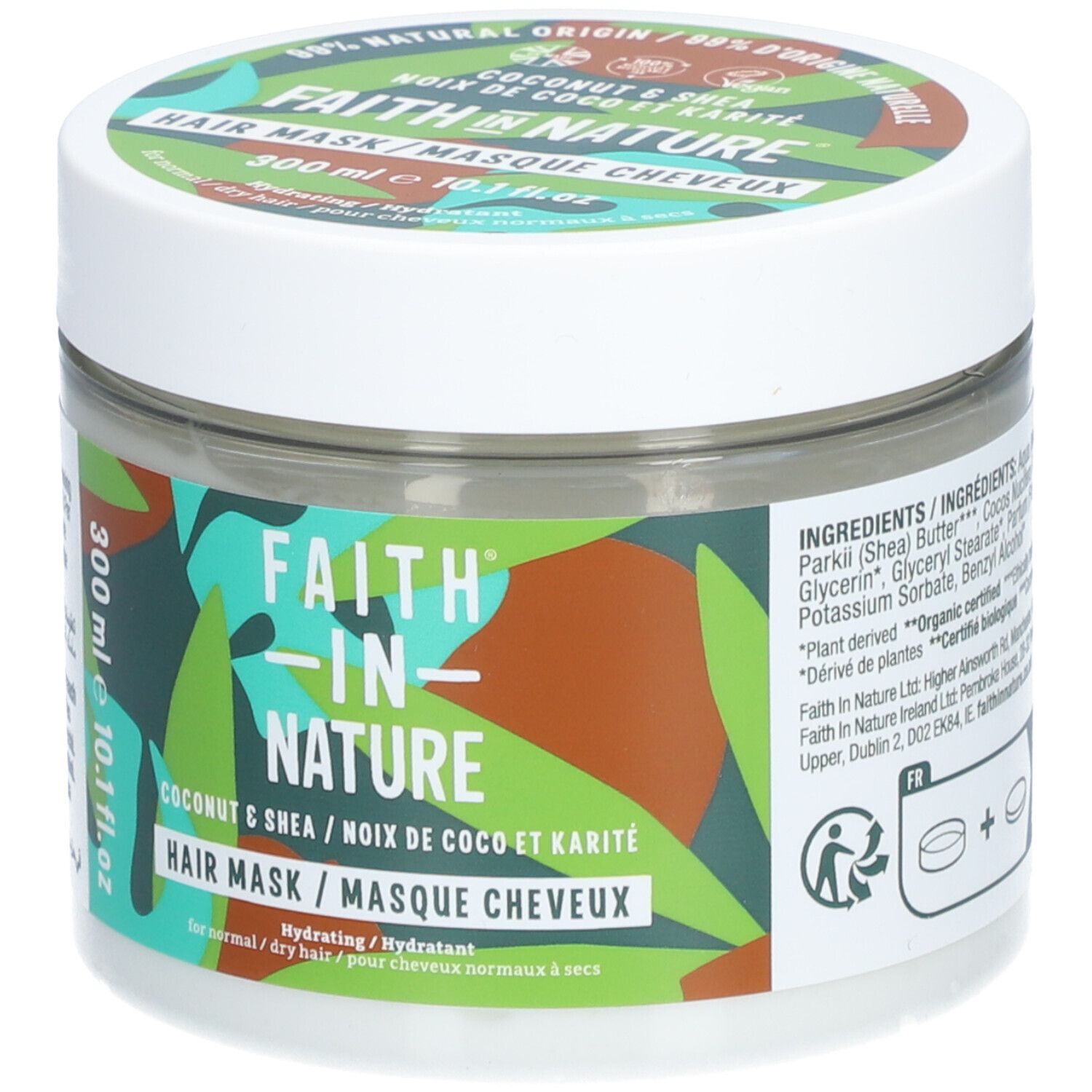Masque capillaire Faith in Nature. Pot blanc avec liste d'ingrédients et certifications. Inscription: Coconut & Shea, 300 ml, 10.1 fl.oz.