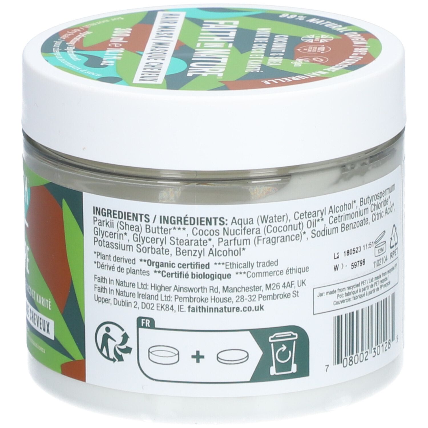 Dos du masque capillaire Faith in Nature. Pot blanc avec liste d'ingrédients, certifications et code-barres. Inscription: 300 ml, 10.1 fl.oz.