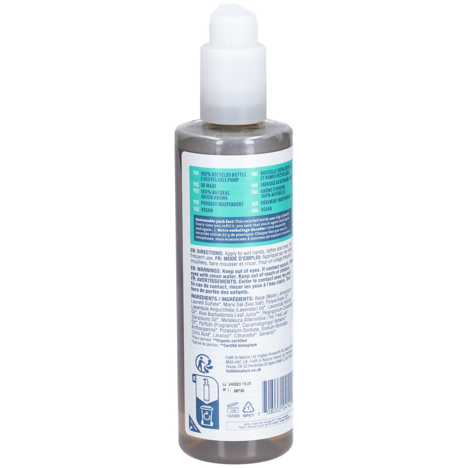 Flacon avec pompe. Dos avec texte et ingrédients. Label vegan. Flacon 100% recyclable.