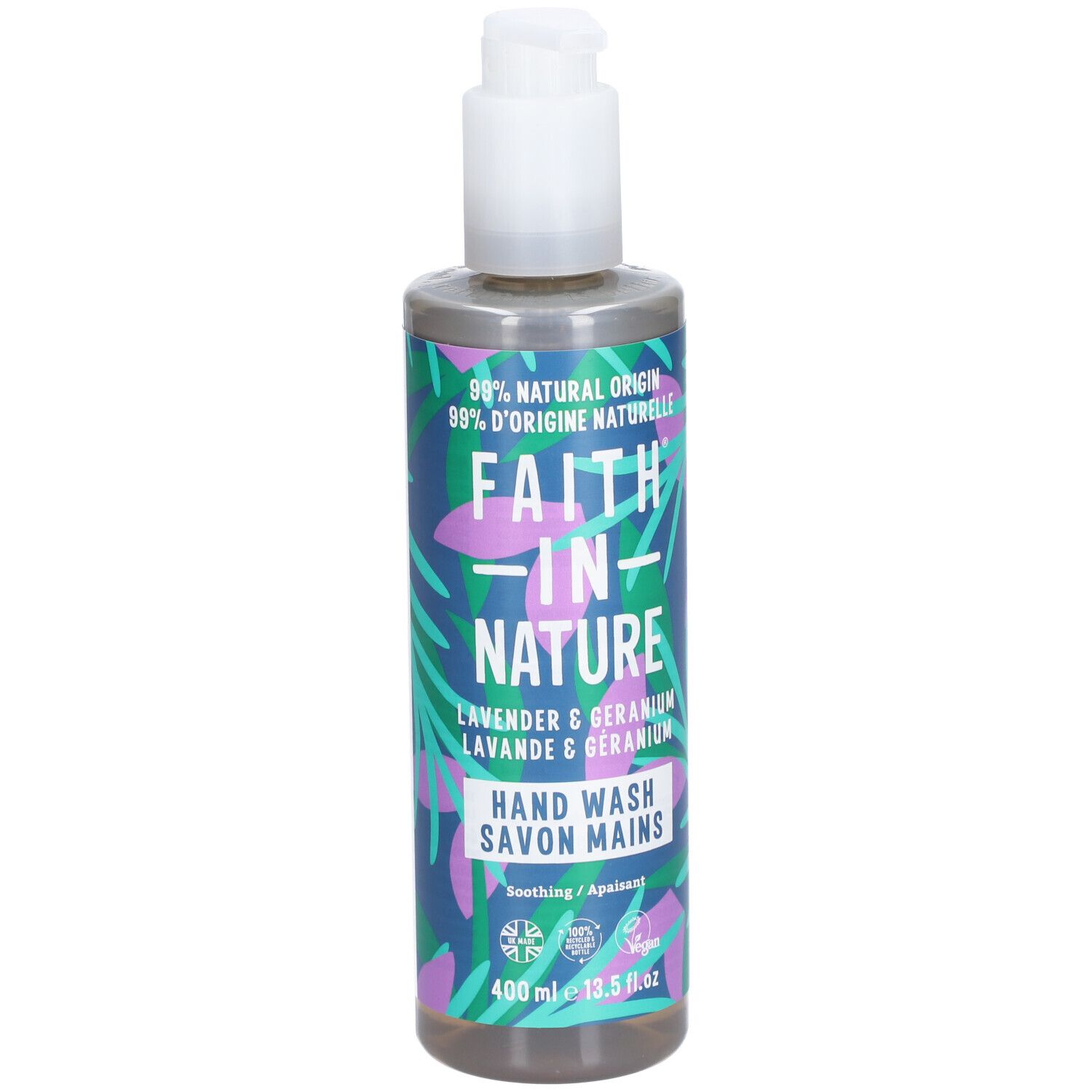 Flacon avec pompe. Inscription : Faith in Nature, Lavande & Géranium, Savon Mains. Label vegan. 400 ml.