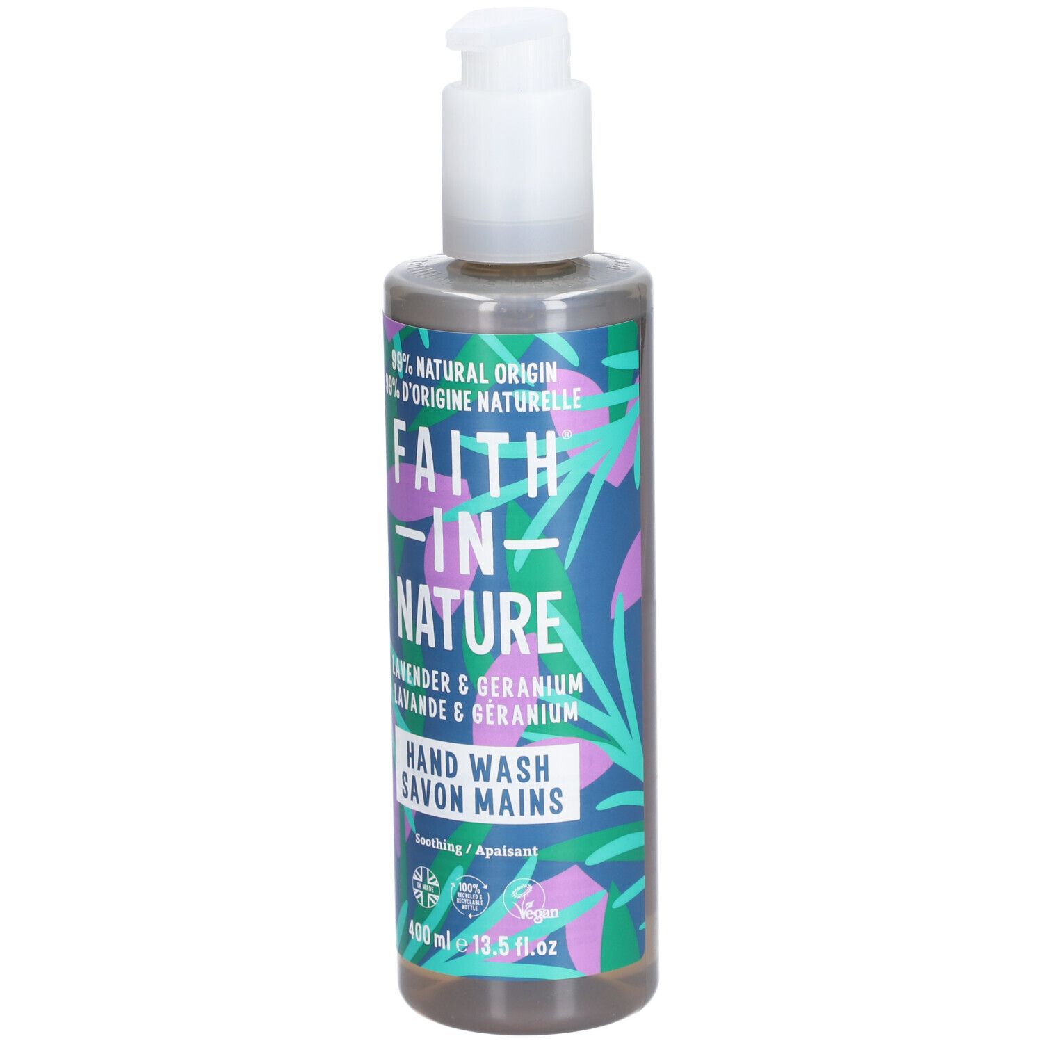 Flacon avec pompe. Inscription : Faith in Nature, Lavande & Géranium, Savon Mains. Label vegan. 400 ml.