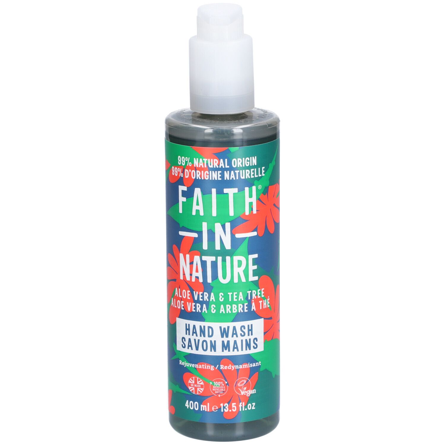Flacon de savon pour les mains. Emballage vert et bleu avec motif floral rouge. Texte : Faith in Nature, Aloe Vera & Arbre à Thé, Savon Mains.