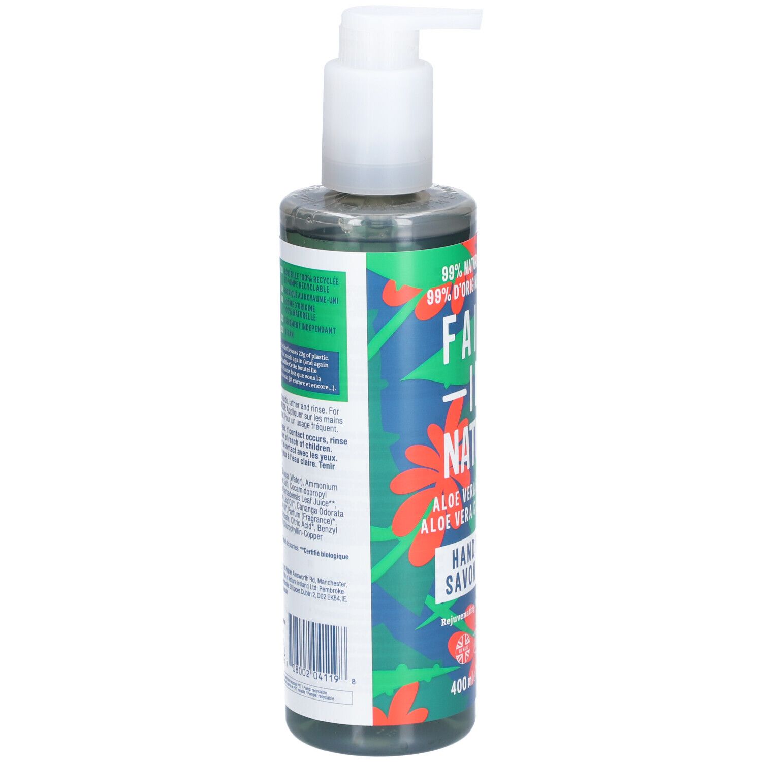 Flacon de savon pour les mains avec pompe. Emballage vert-bleu avec texte et code-barres. Faith in Nature, Aloe Vera & Arbre à Thé, Savon Mains.