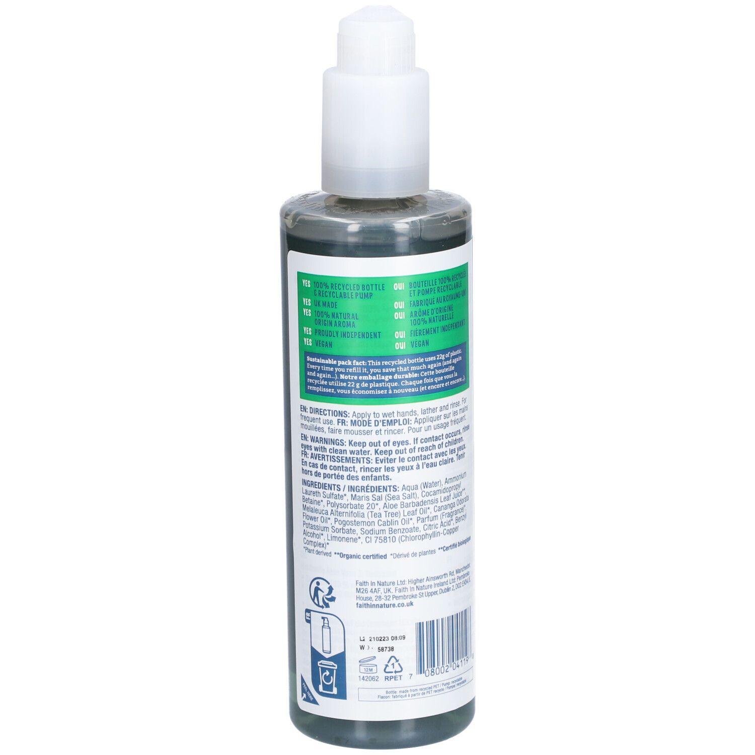 Dos du flacon de savon pour les mains. Emballage vert-bleu avec texte et code-barres. Ingrédients et instructions.
