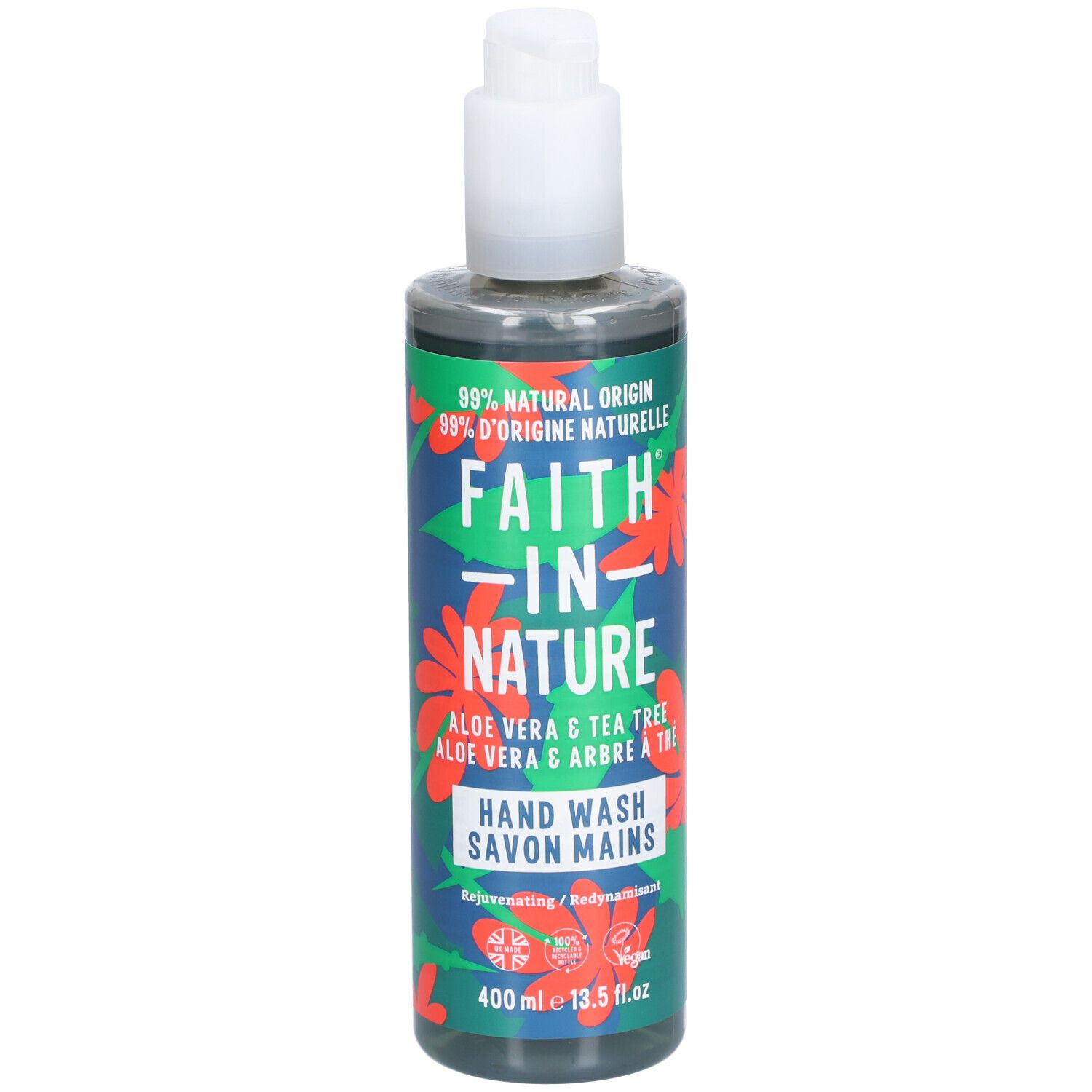 Flacon de savon pour les mains. Emballage vert et bleu avec motif floral rouge. Texte : Faith in Nature, Aloe Vera & Arbre à Thé, Savon Mains.