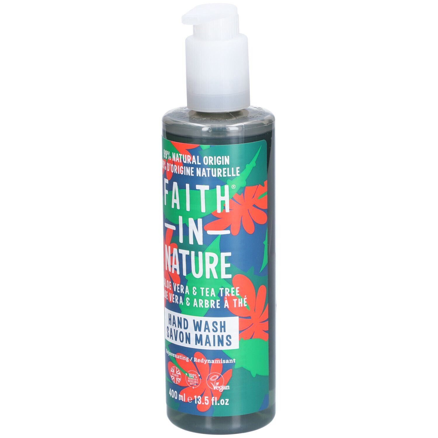 Flacon de savon pour les mains. Emballage vert et bleu avec motif floral rouge. Texte : Faith in Nature, Aloe Vera & Arbre à Thé, Savon Mains.