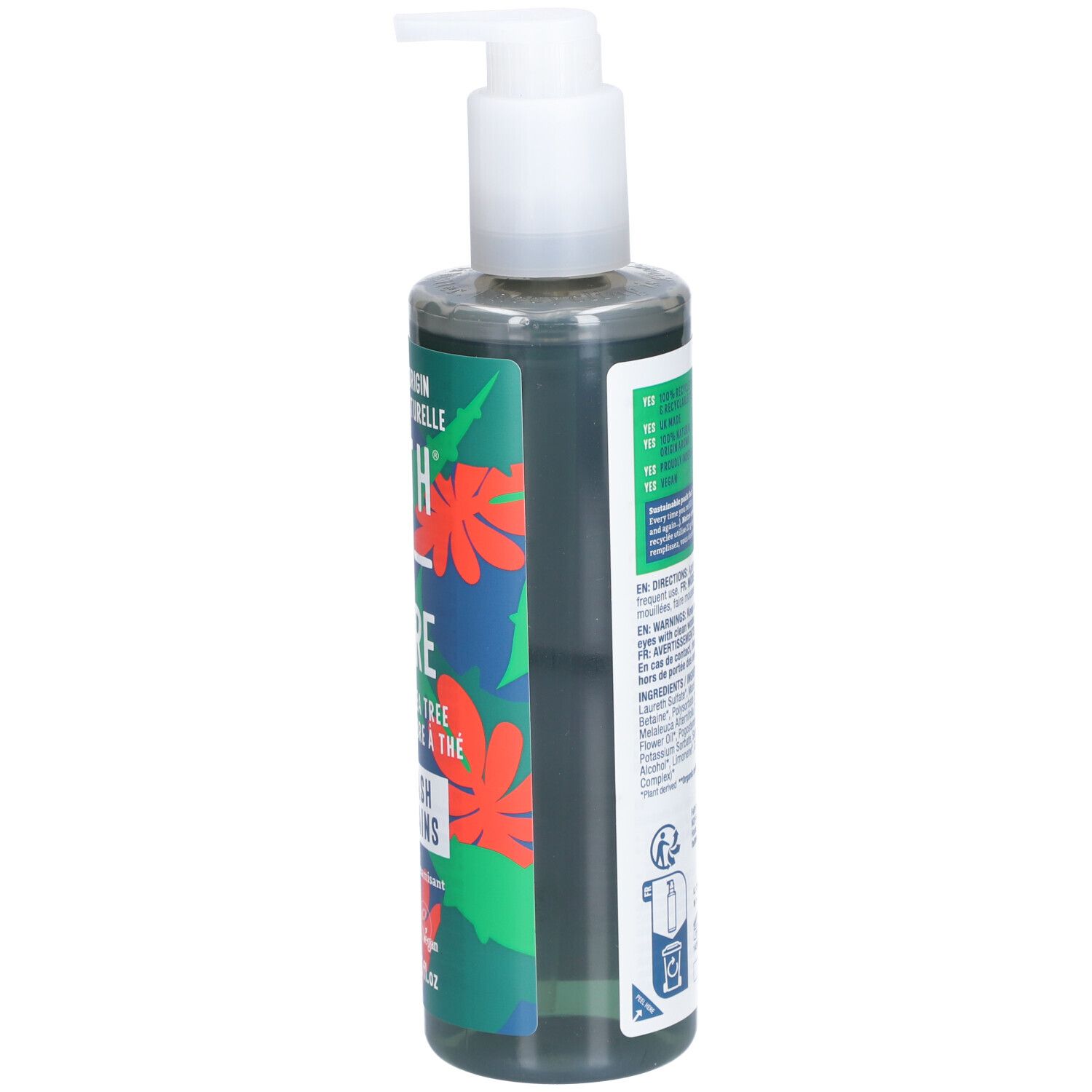 Flacon de savon pour les mains. Emballage vert et bleu avec texte et motif floral rouge. Faith in Nature, Aloe Vera & Arbre à Thé, Savon Mains.