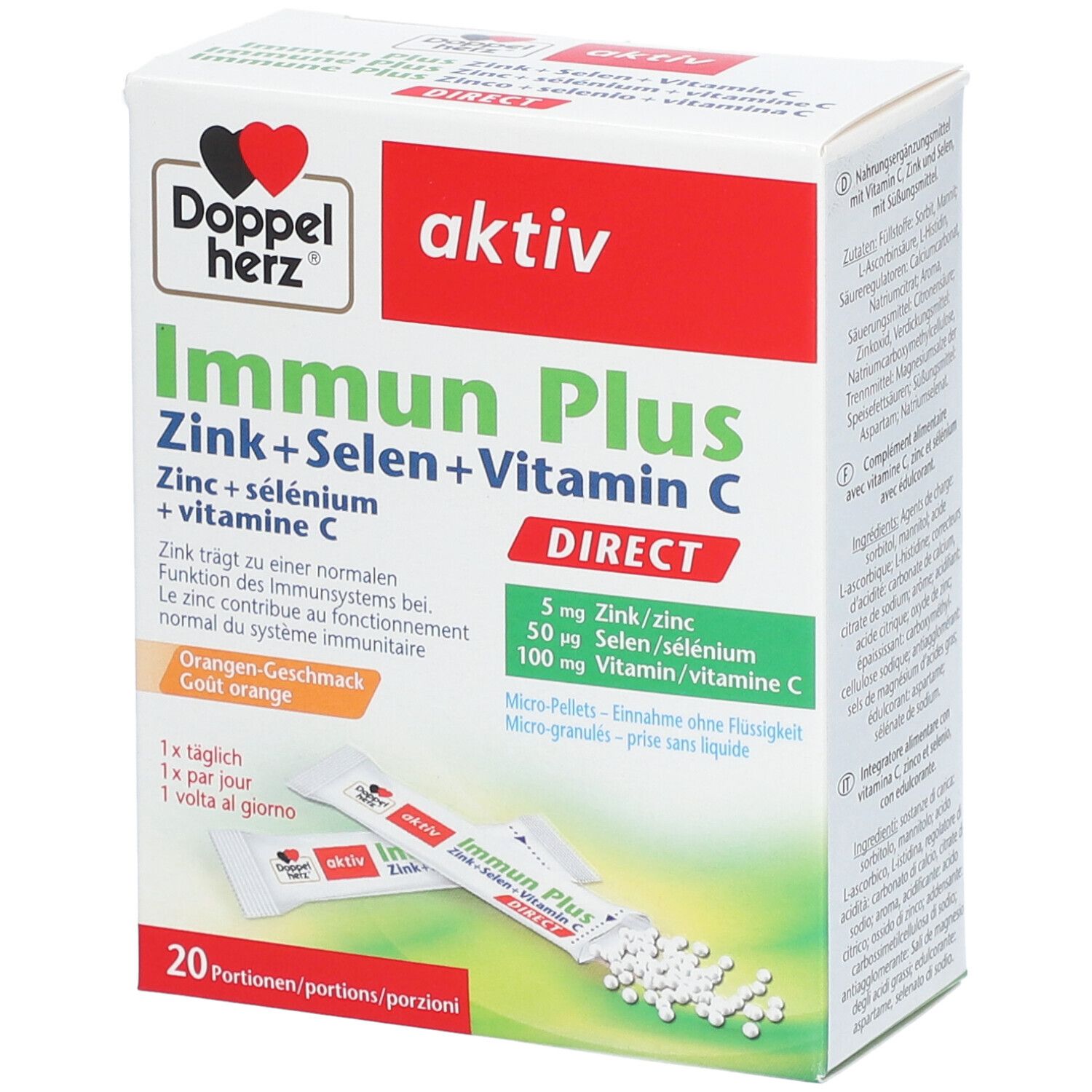 Boîte de Doppelherz aktiv Immun Plus Direct. Contient 20 portions. Inscription : Zinc + Sélénium + Vitamine C.