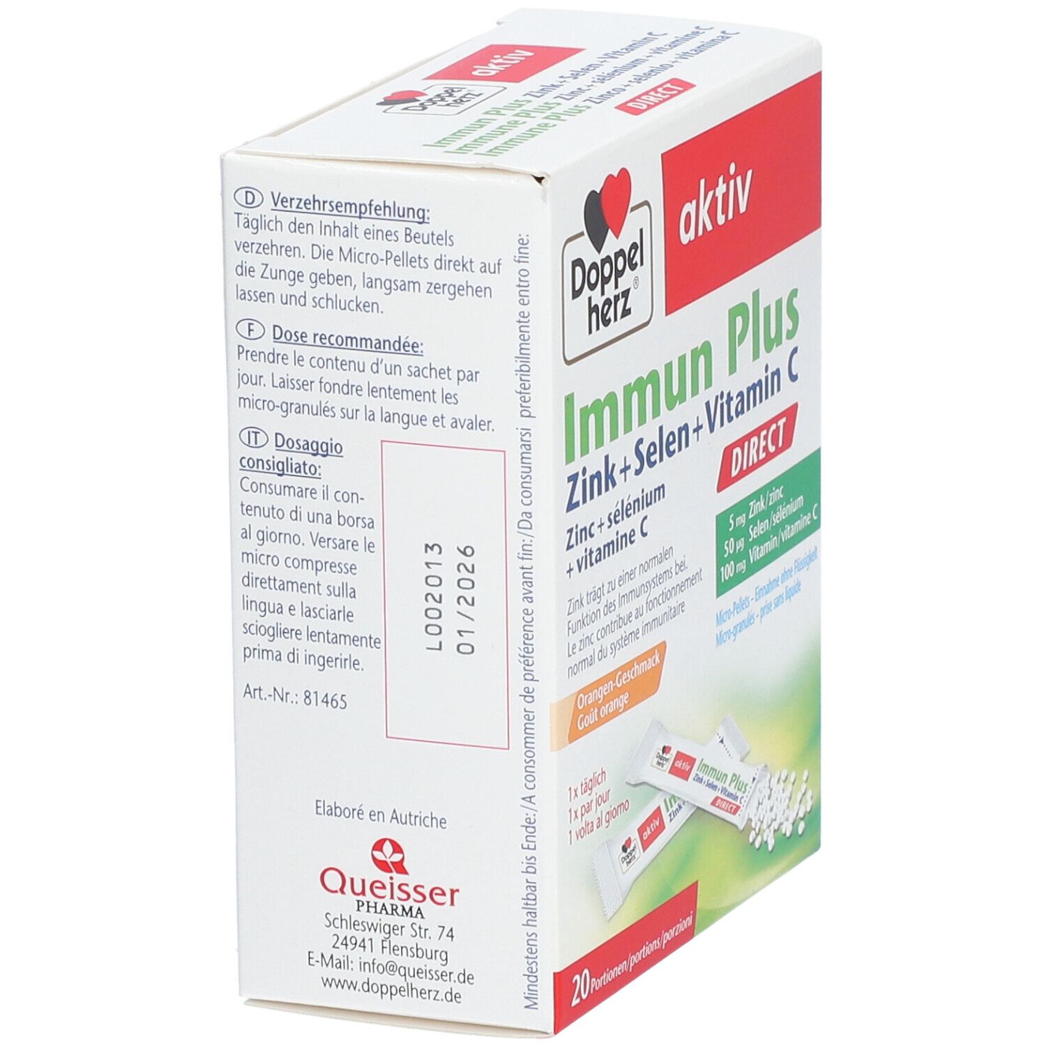 Boîte de Doppelherz aktiv Immun Plus Direct. Contient 20 portions. Inscription : Zinc + Sélénium + Vitamine C. Vue latérale.