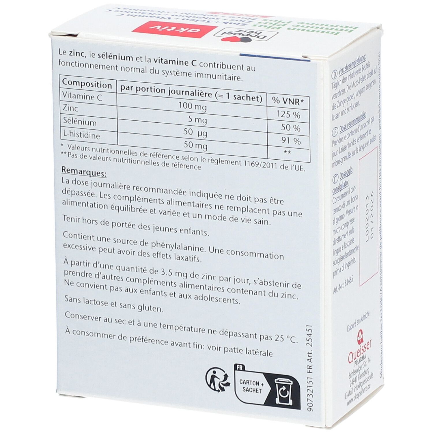Dos de la boîte de Doppelherz aktiv Immun Plus Direct. Contient des informations sur les ingrédients et les valeurs nutritionnelles.