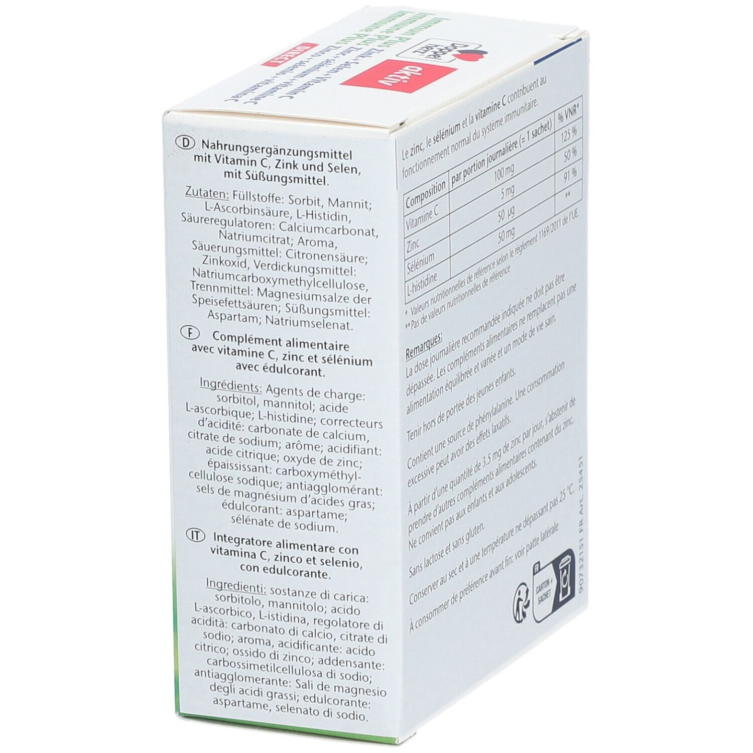 Côté de la boîte de Doppelherz aktiv Immun Plus Direct. Contient des informations sur les ingrédients.