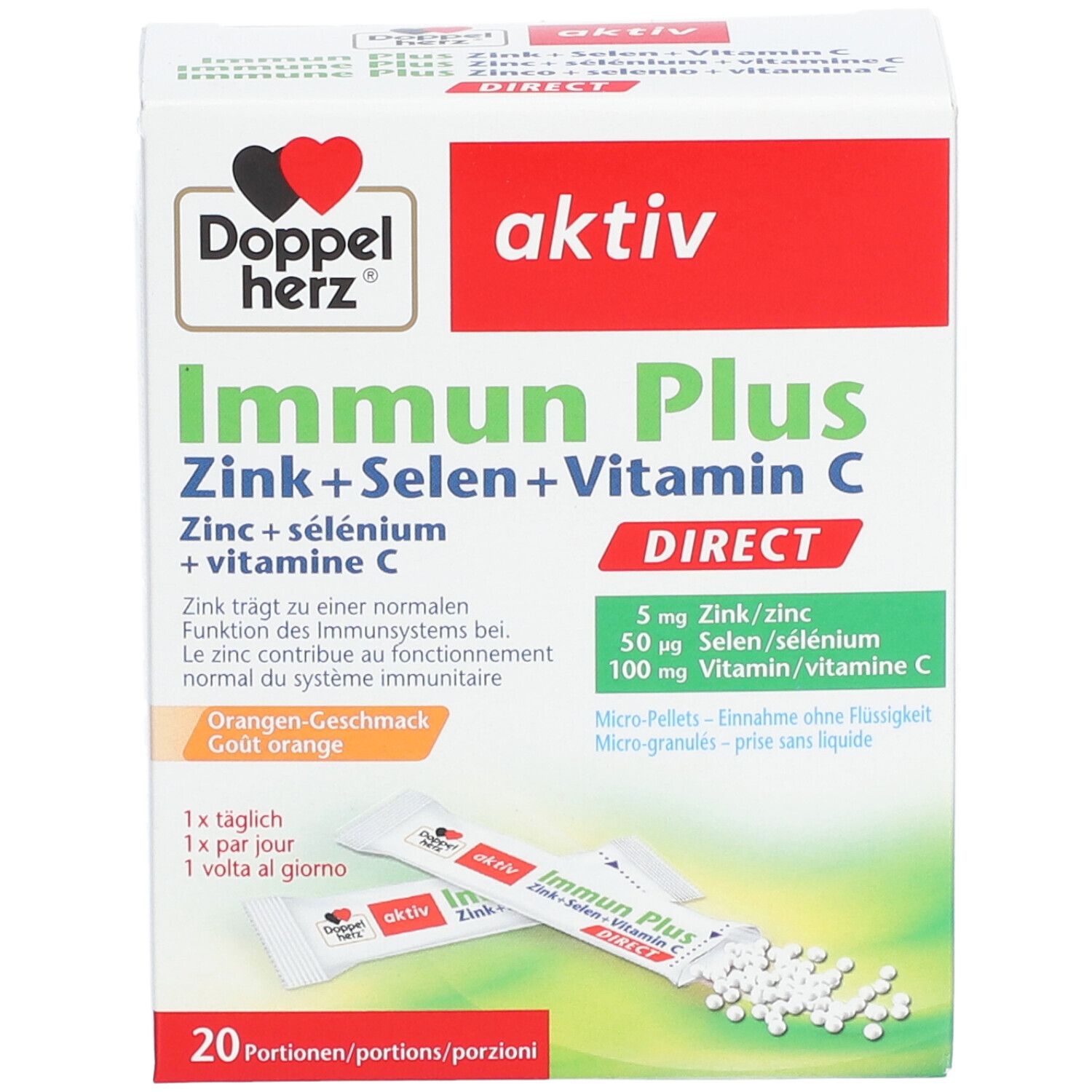 Boîte de Doppelherz aktiv Immun Plus Direct. Contient 20 portions. Inscription : Zinc + Sélénium + Vitamine C. Avec emballage ouvert.