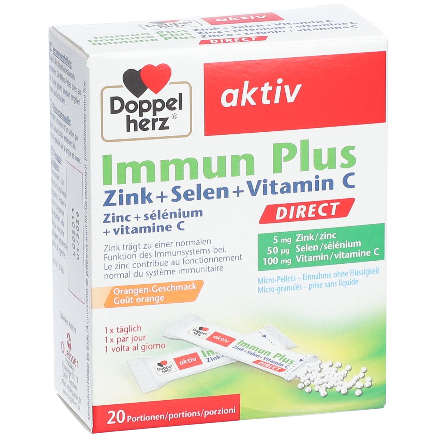 Boîte de Doppelherz aktiv Immun Plus Direct. Contient 20 portions. Inscription : Zinc + Sélénium + Vitamine C. Avec emballage ouvert.