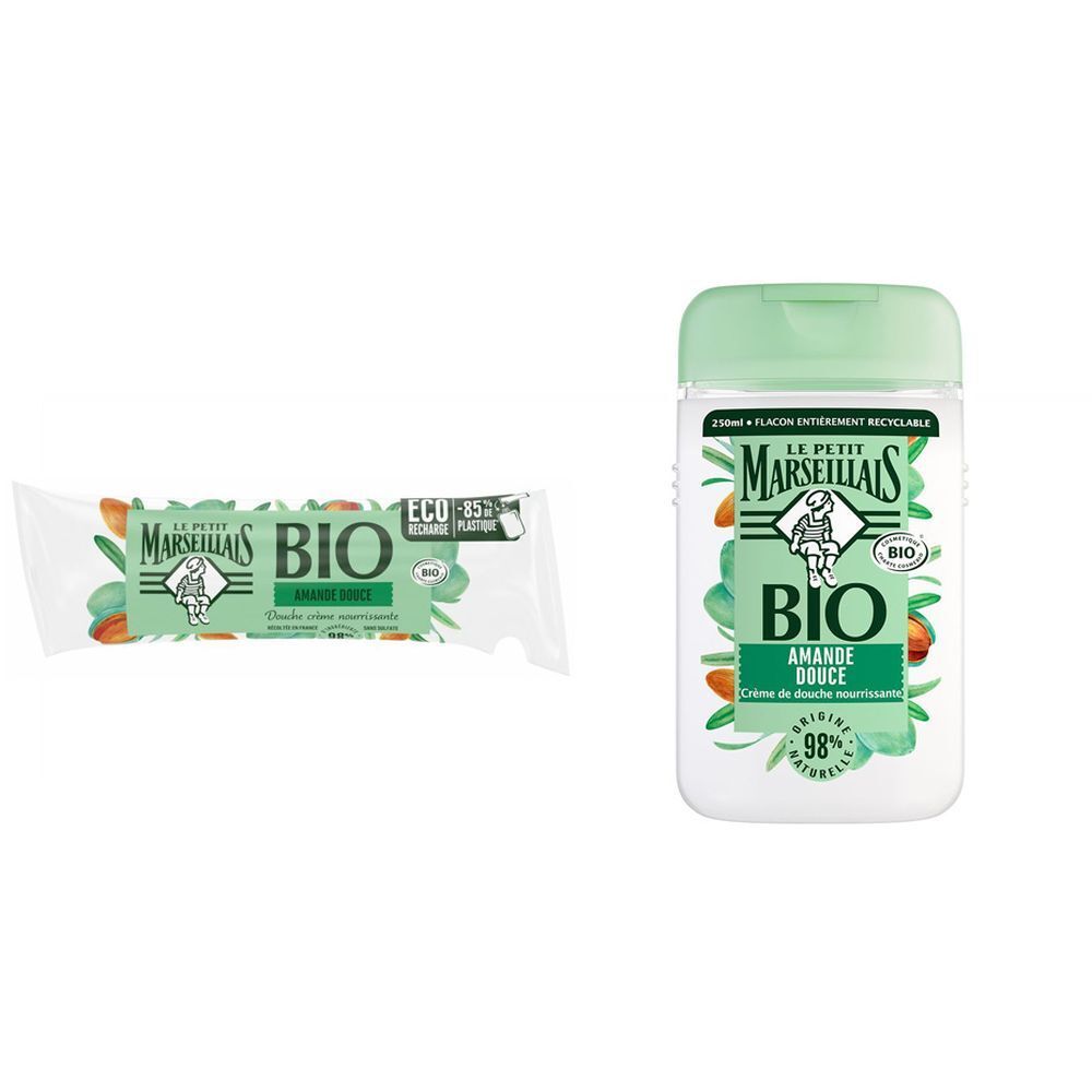 Twee producten: douchecrèmefles en zeep. Fles met groene dop, etiket met logo en tekst. Zeep in verpakking.