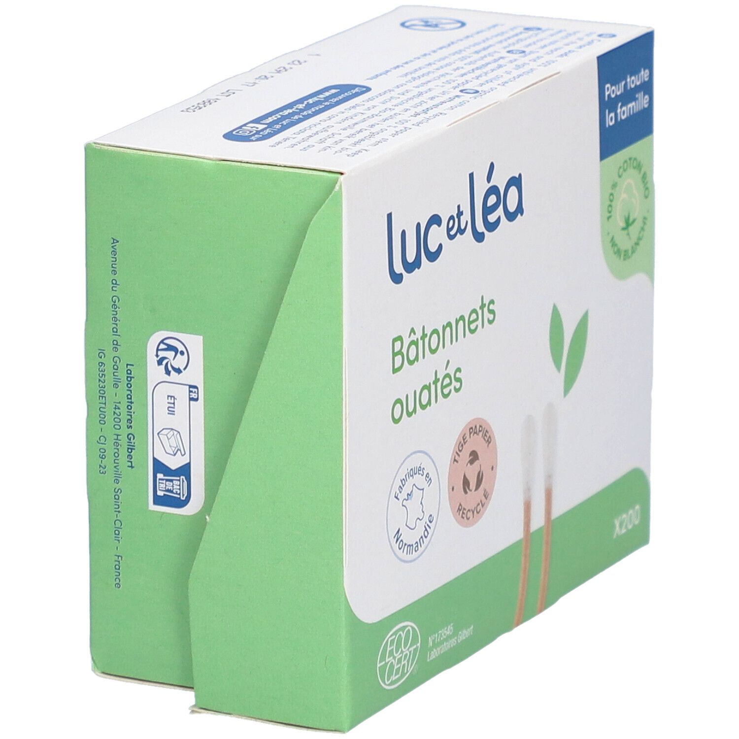 Boîte de bâtonnets ouatés Luc et Léa, en biais. Inscriptions : 100% coton bio, papier recyclable, certification EcoCert, 200 unités.