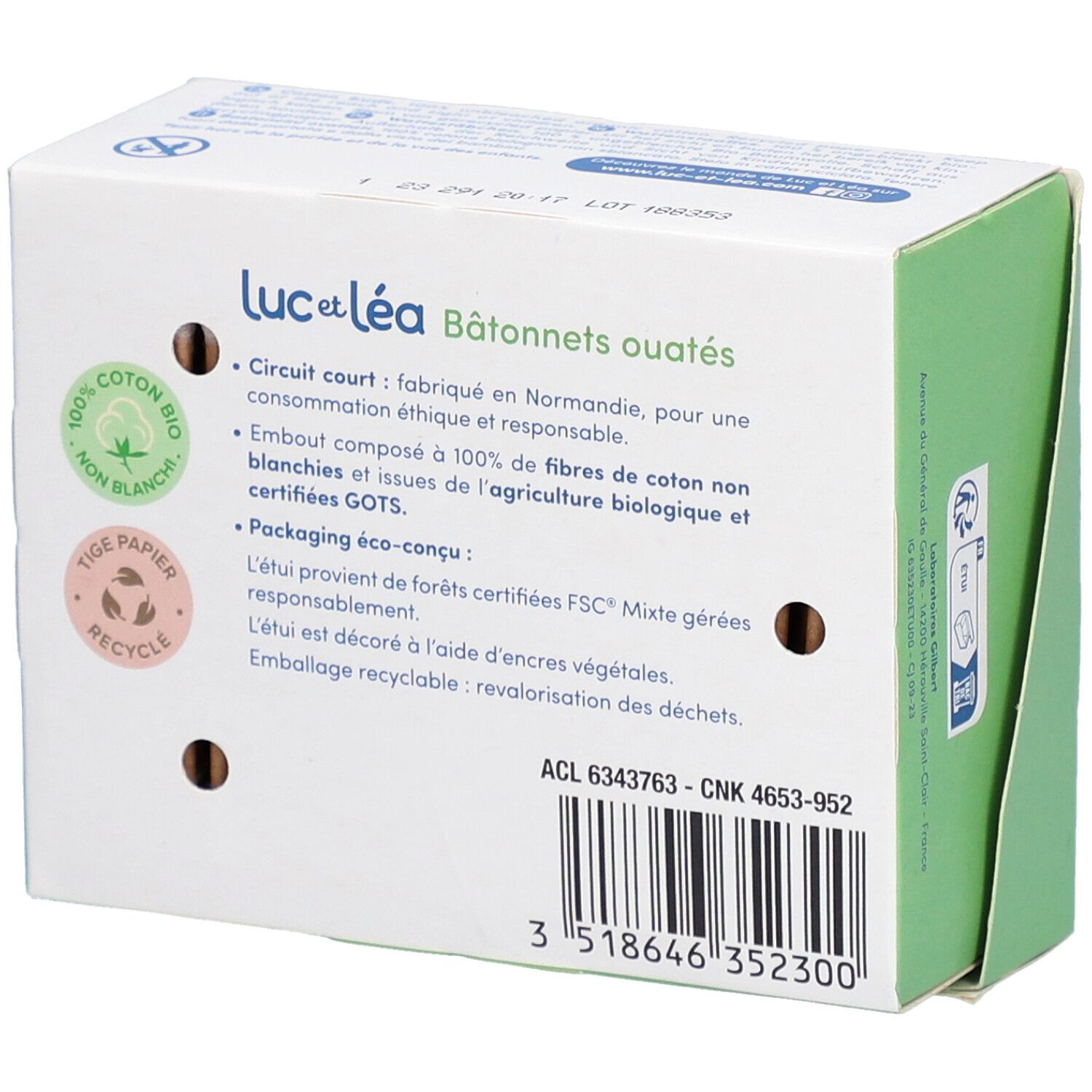 Dos de l'emballage des bâtonnets ouatés Luc et Léa. Texte : 100% coton bio, certification FSC, emballage recyclable, numéro de lot.