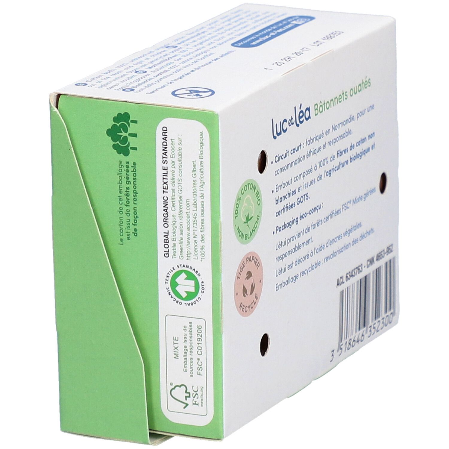 Détail de l'emballage des bâtonnets ouatés Luc et Léa. Certification FSC, emballage recyclable, texte : 100% coton bio.