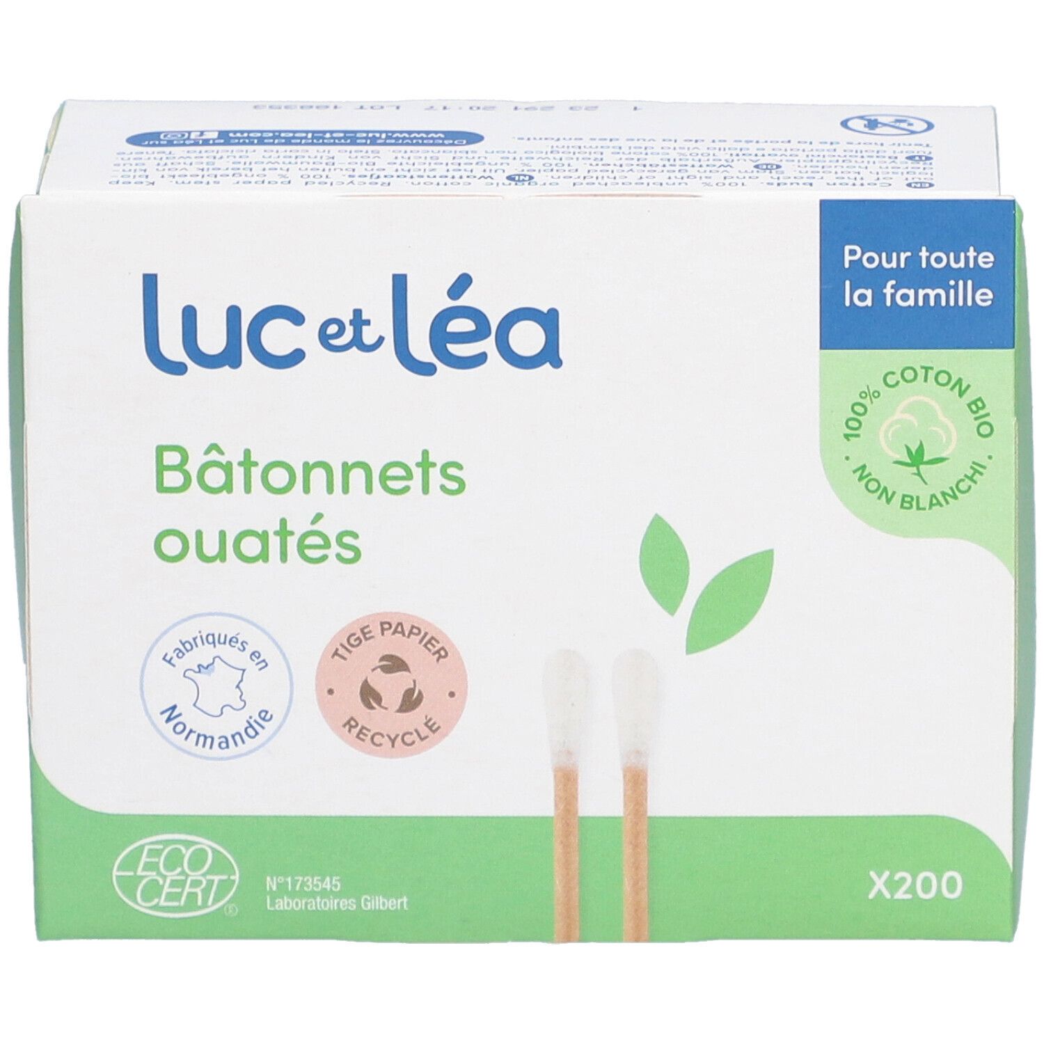 Boîte de bâtonnets ouatés Luc et Léa. Inscriptions : 100% coton bio, papier recyclable, certification EcoCert, 200 unités.