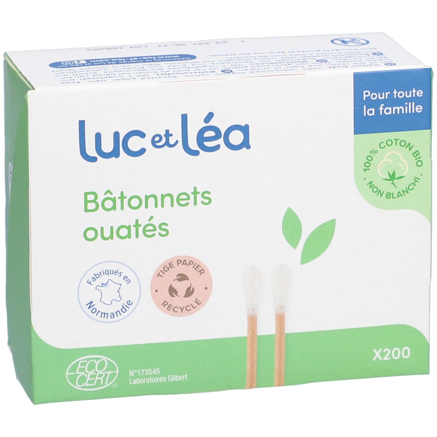 Boîte de bâtonnets ouatés Luc et Léa. Inscriptions : 100% coton bio, papier recyclable, certification EcoCert, 200 unités.