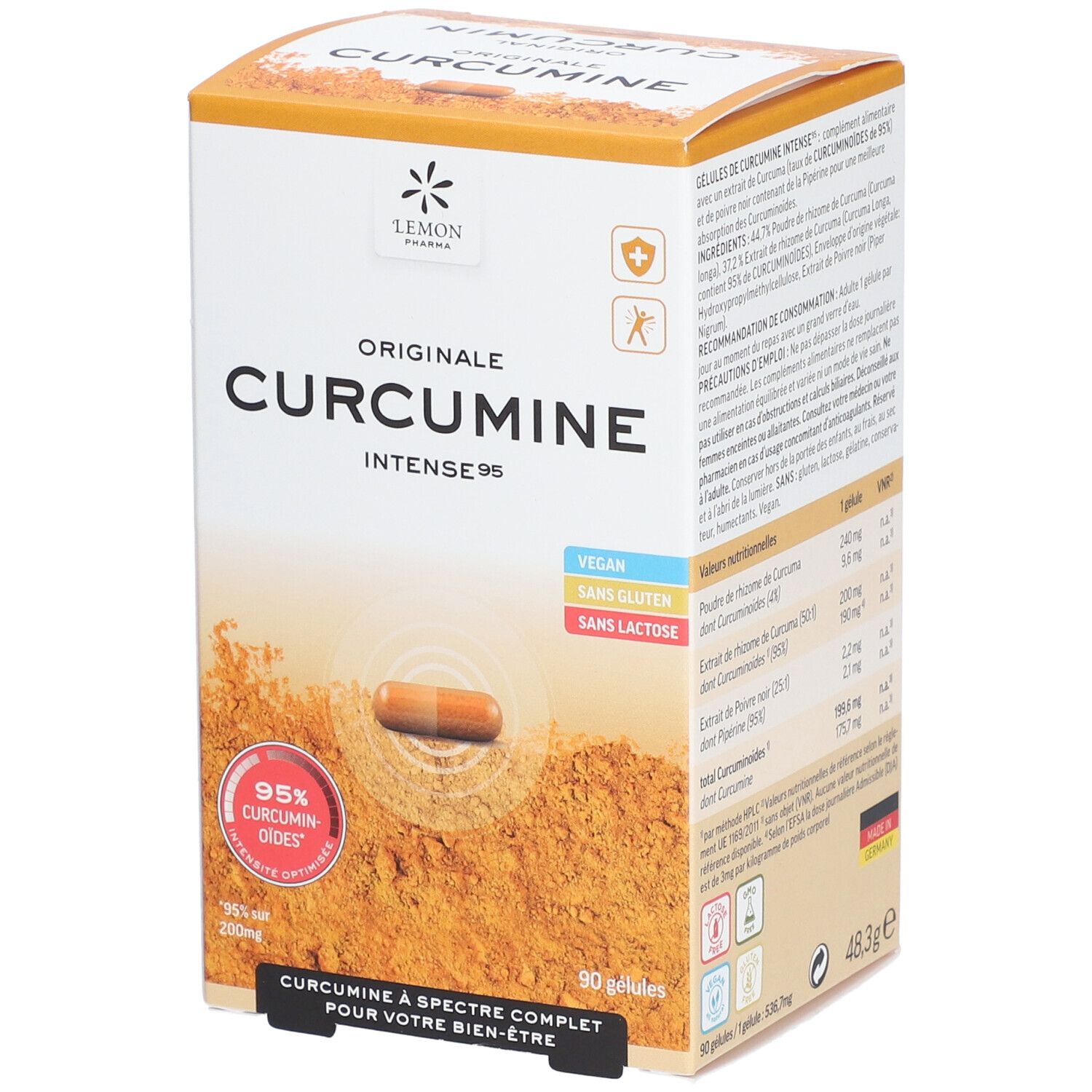 Boîte de Lemon Pharma Original Curcumine Intense 95. Contient une image de gélule, 95% de curcumine, vegan, sans gluten, sans lactose.