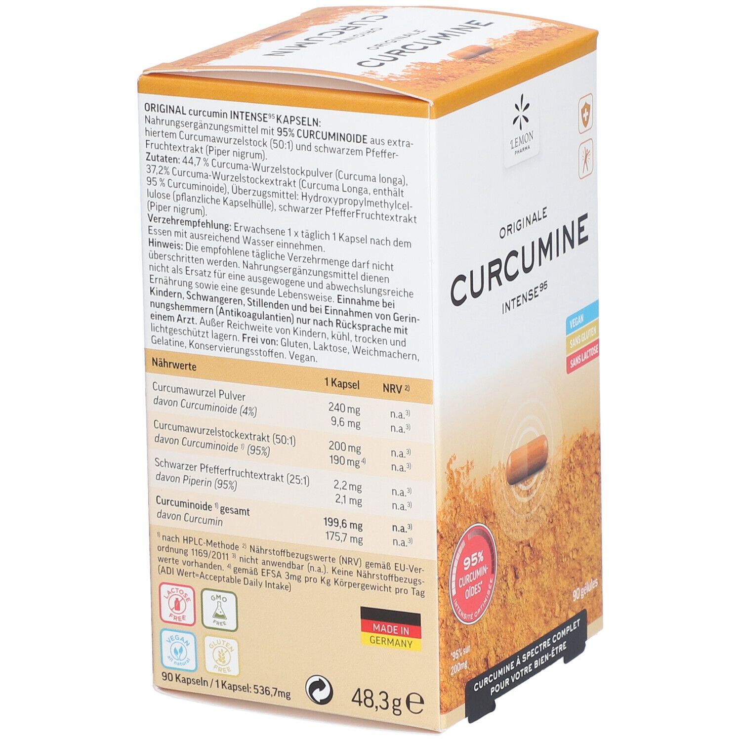 Boîte de Lemon Pharma Original Curcumine Intense 95. Contient une image de gélule, 95% de curcumine, vegan, sans gluten, sans lactose.