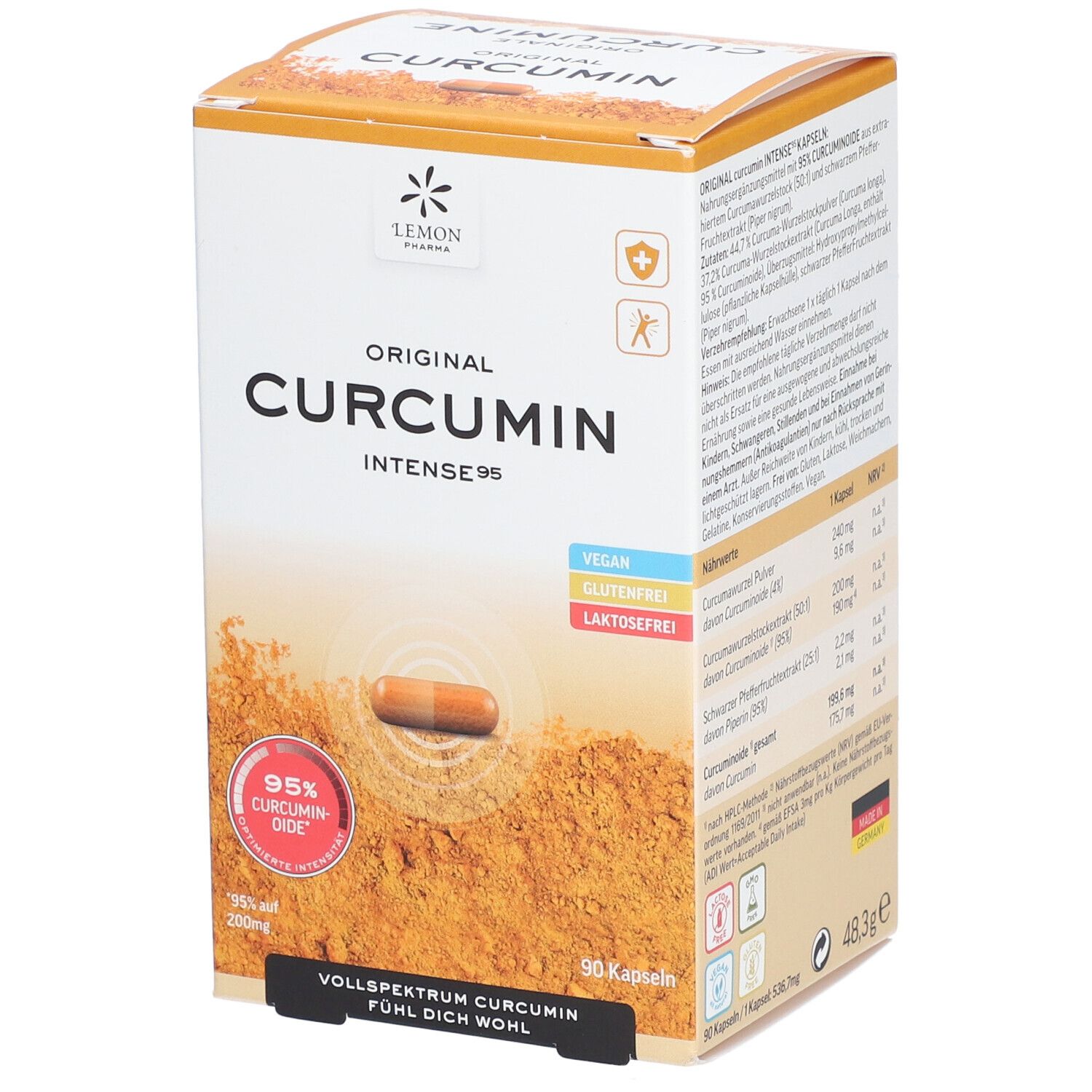 Boîte de Lemon Pharma Original Curcumine Intense 95. Contient une image de gélule, 95% de curcumine, vegan, sans gluten, sans lactose.