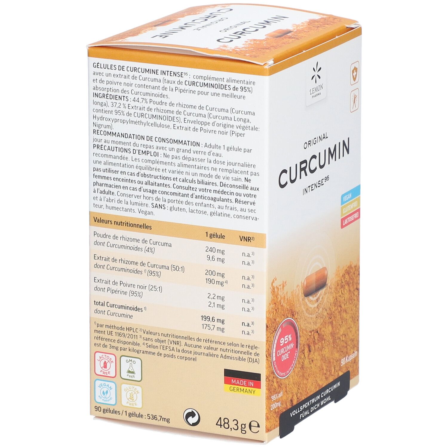 Boîte de Lemon Pharma Original Curcumine Intense 95. Contient une image de gélule, 95% de curcumine, vegan, sans gluten, sans lactose.