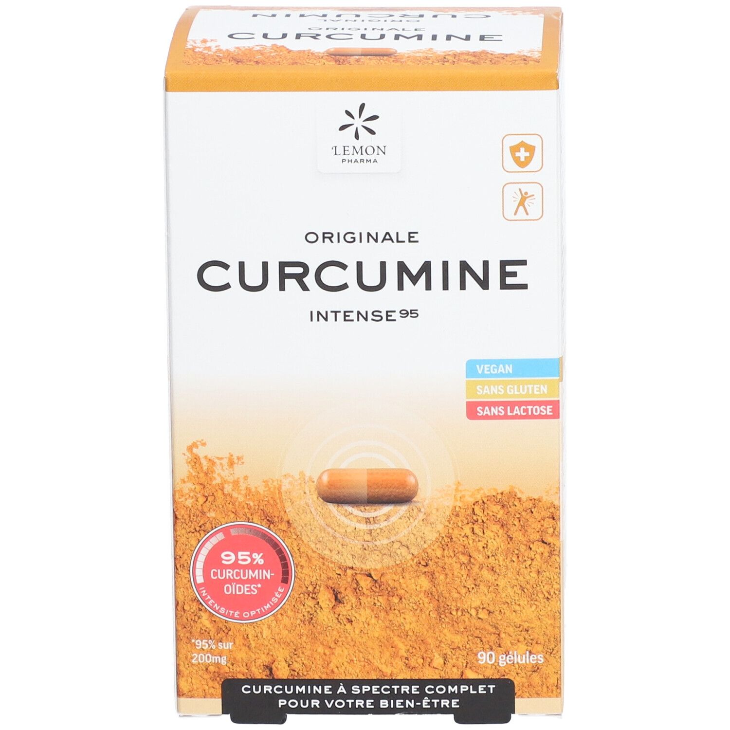 Boîte de Lemon Pharma Original Curcumine Intense 95. Contient une image de gélule, 95% de curcumine, vegan, sans gluten, sans lactose.