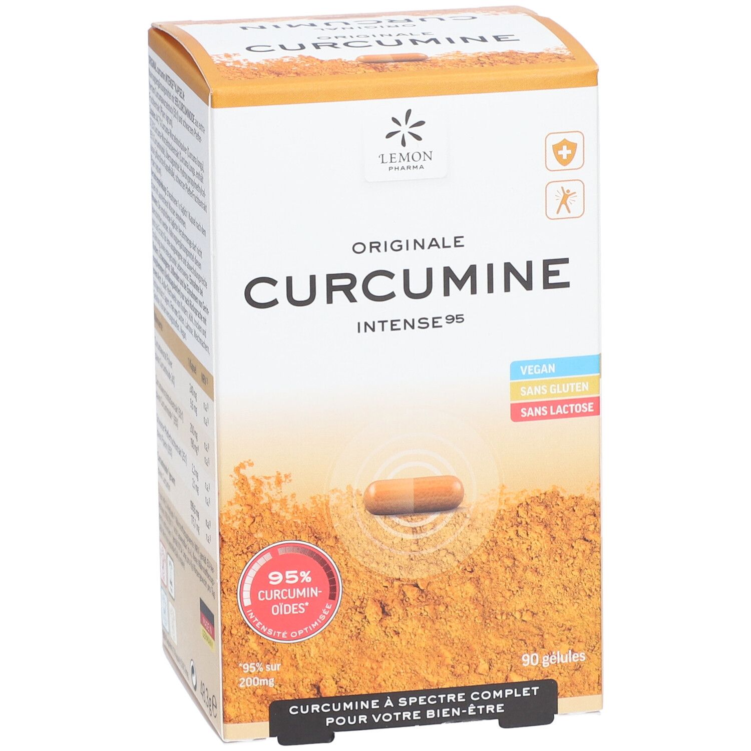 Boîte de Lemon Pharma Original Curcumine Intense 95. Contient une image de gélule, 95% de curcumine, vegan, sans gluten, sans lactose.