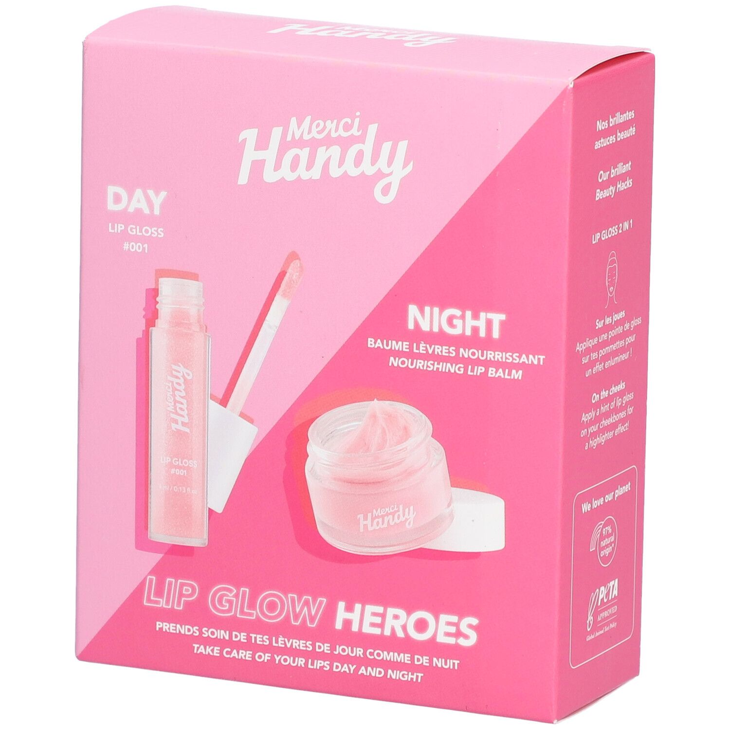 Roze verpakking met twee lipverzorgingsproducten: lipgloss en balsem. Merk Merci Handy, opschrift "Lip Glow Heroes".